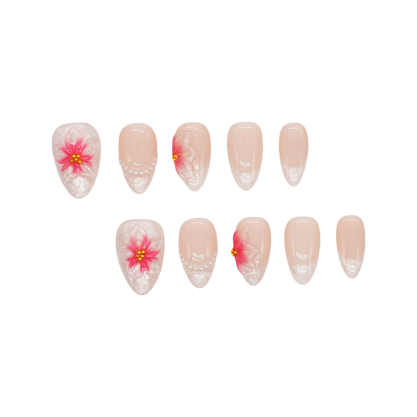 Set of false nails with floral designs on a white background