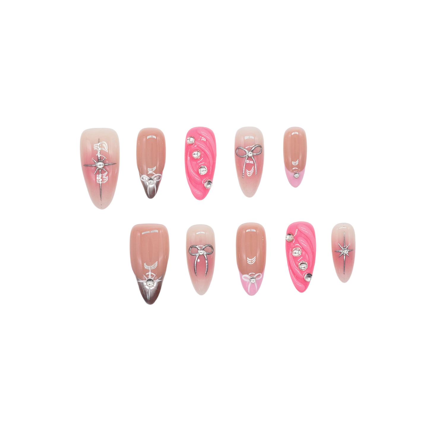 Pink ombre press on nails with silver bows and rhinestone accents – Heart & Beat Collection.