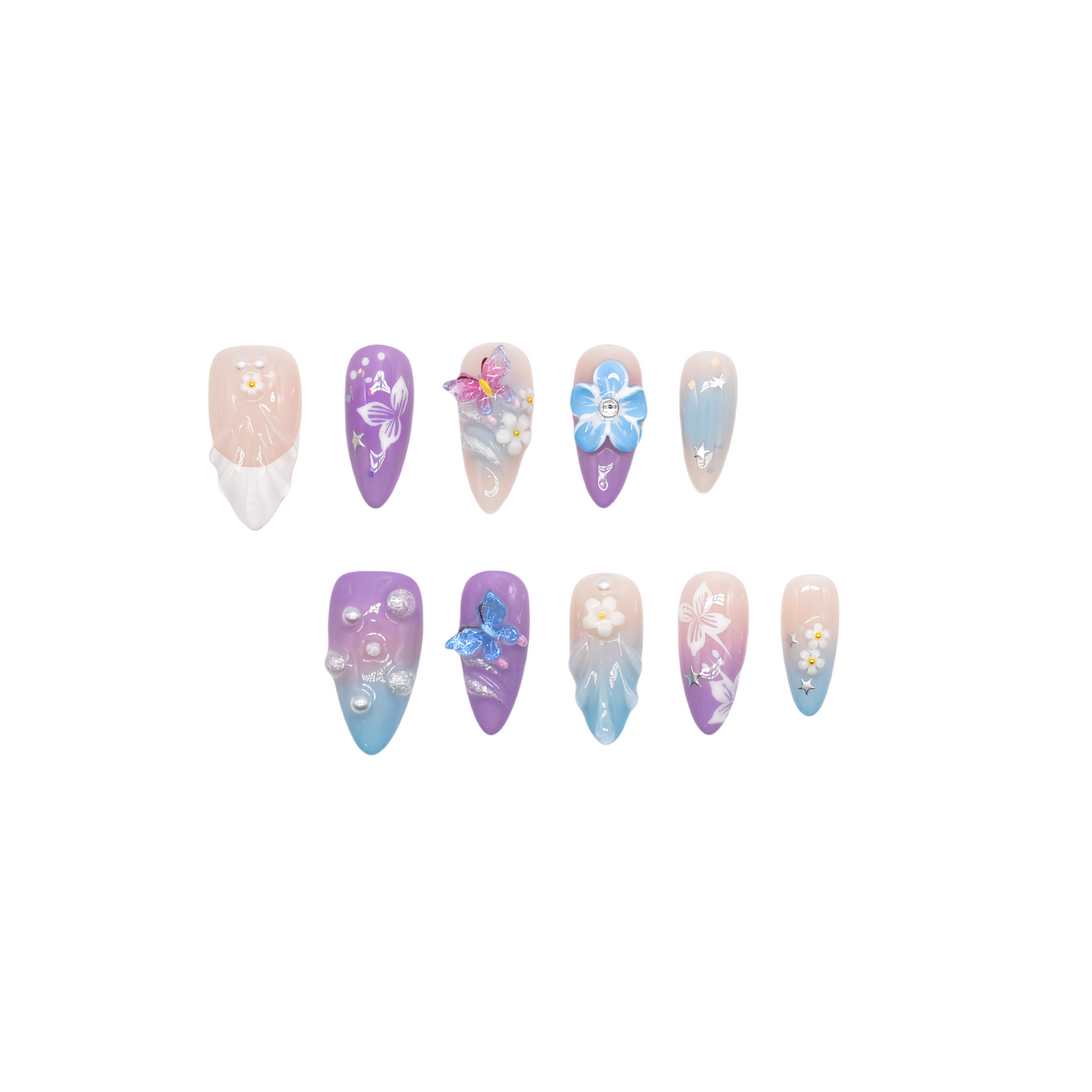 Almond-shaped pastel press-on nails with butterflies, floral art, and pearl accents – Celestial Bloom from You Are Angel.
