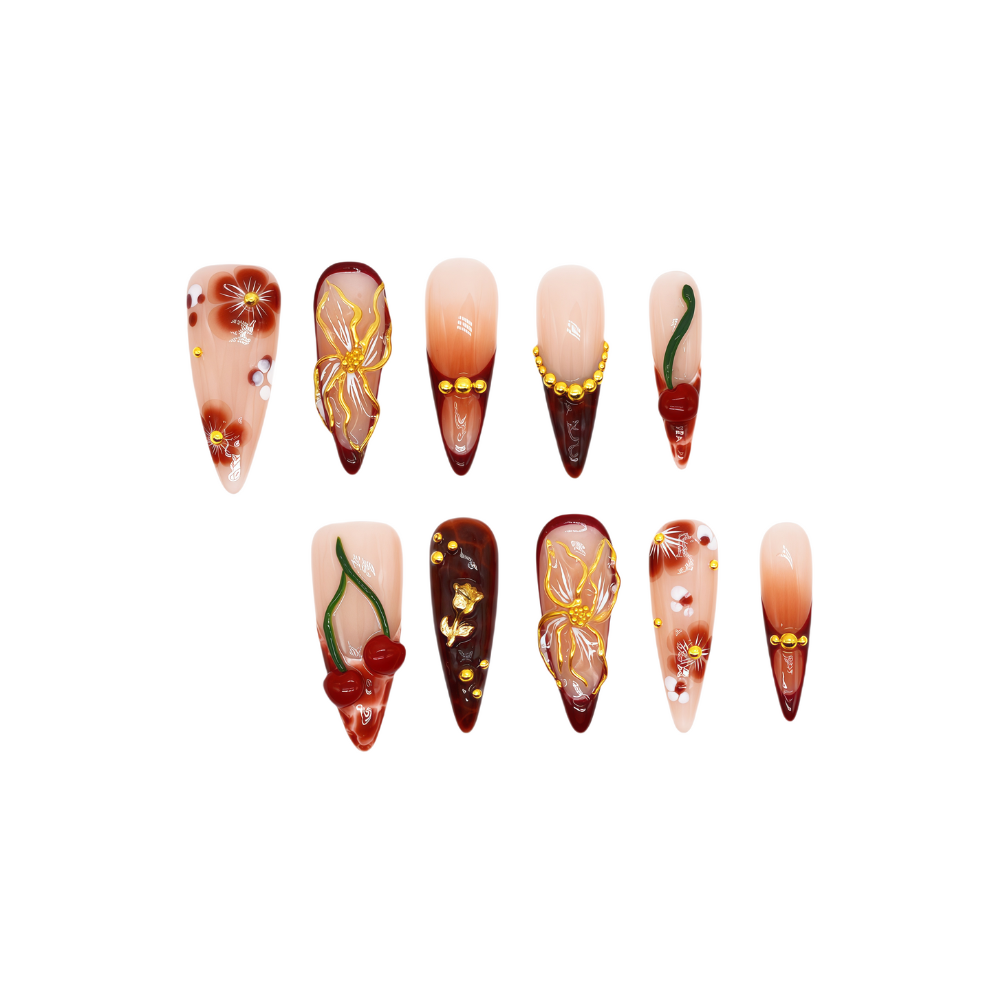 Long stiletto press-on nails in deep red gradient with 3D cherries, gold flowers, and floral hand-painted designs – Cherry Ember by You Are Angel.