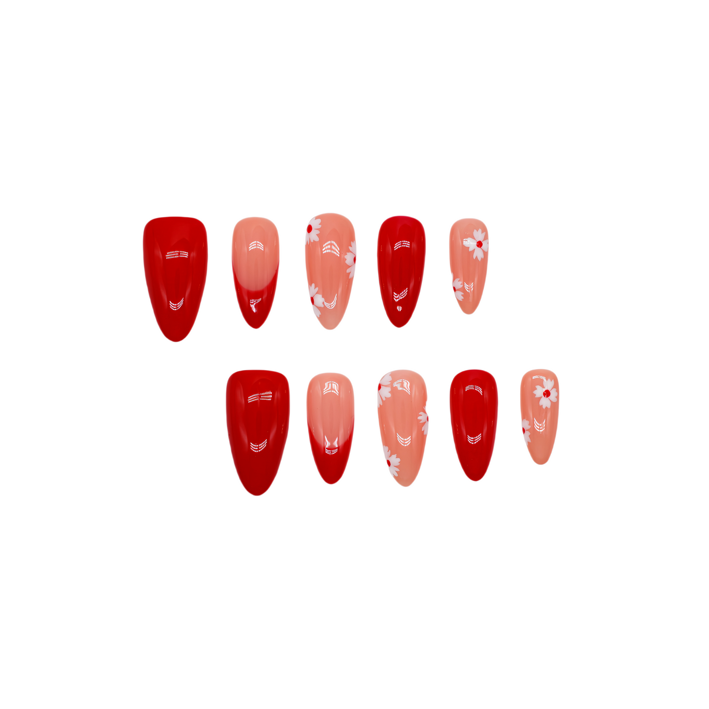 Cherry Petal press-on nails by You Are Angel with red and pink base, white floral details, and almond shape.