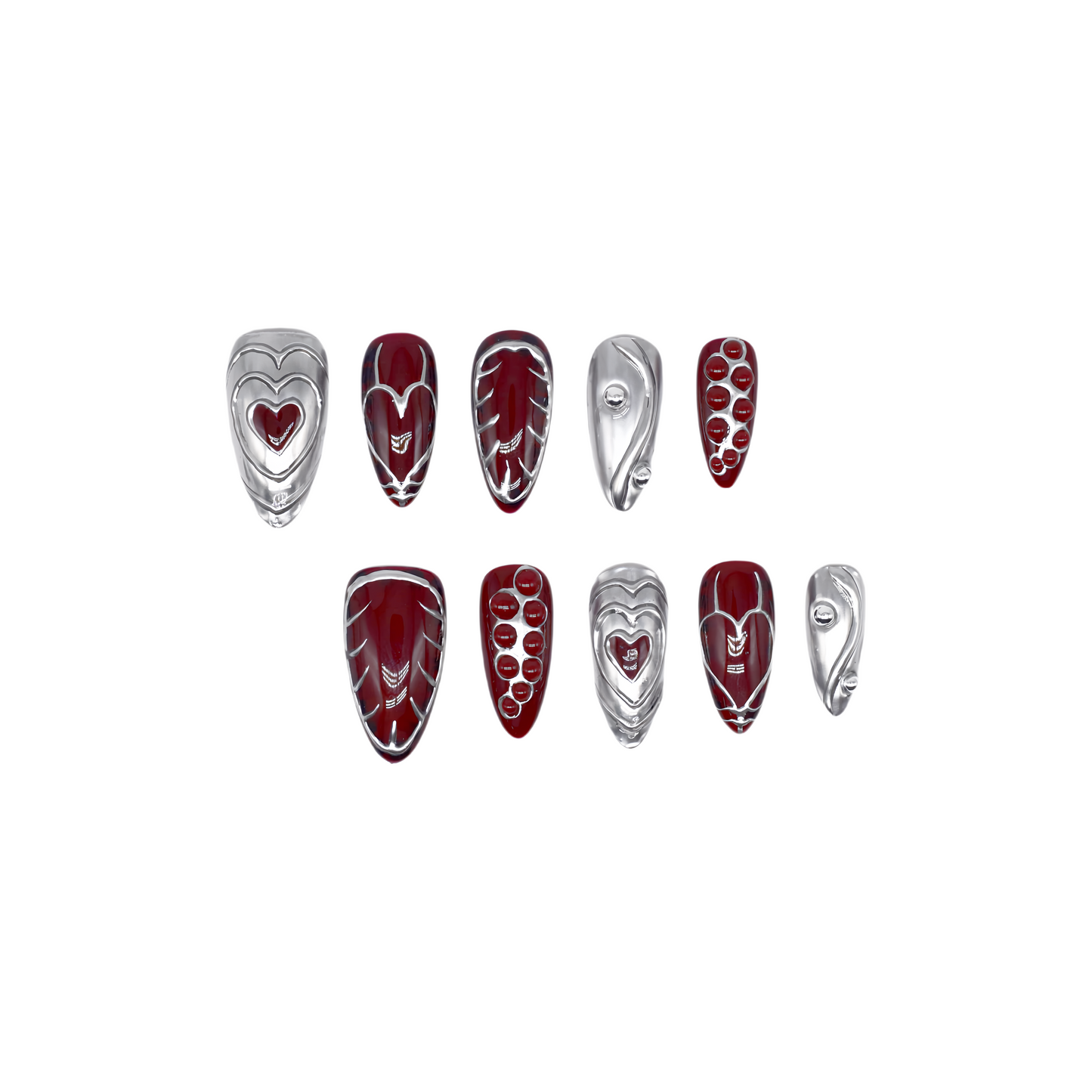 Chrome Heart handmade press-on nails by You Are Angel featuring burgundy base, silver 3D hearts, and sculpted chrome elements.