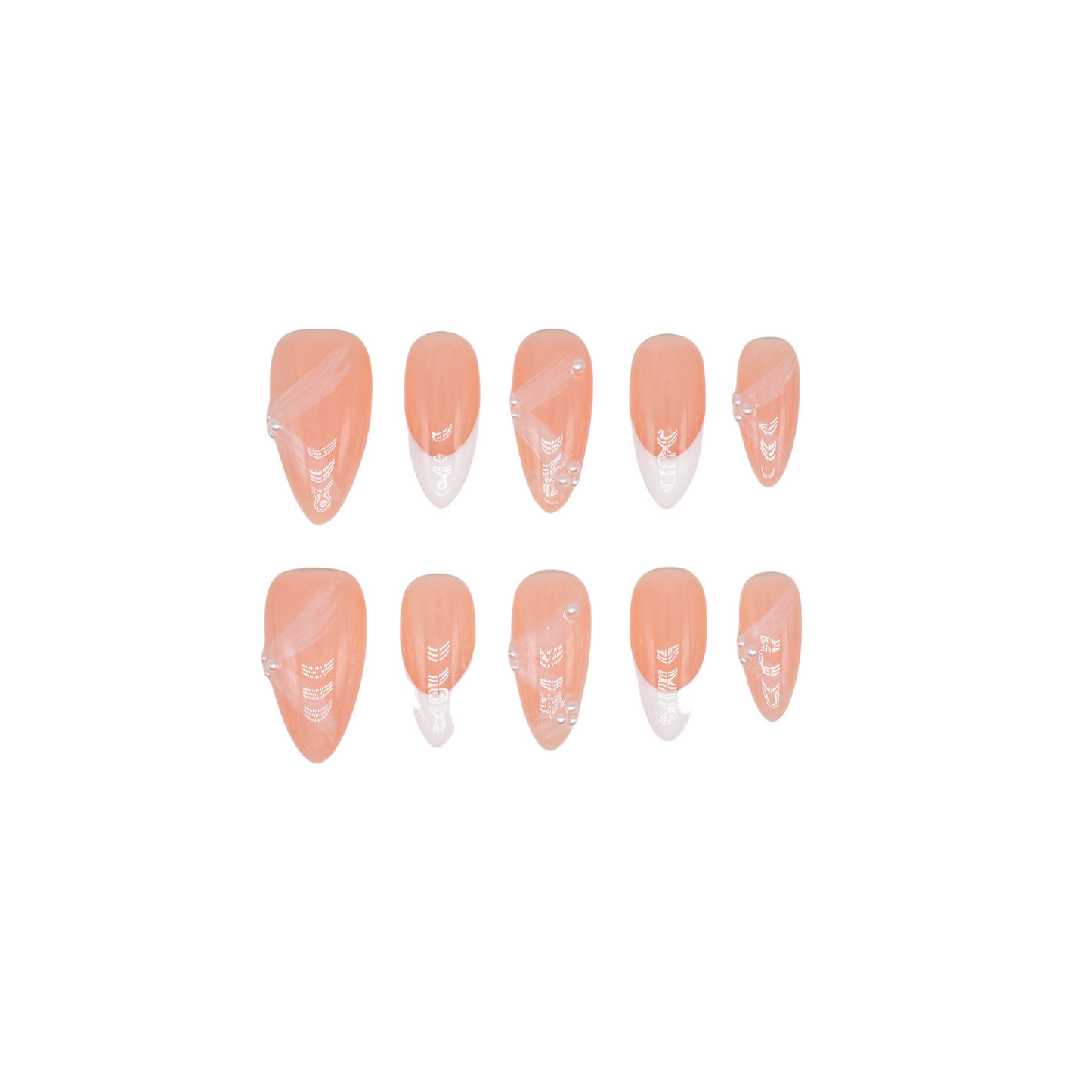 Crystal Dew almond press-on nails with soft pink base, clear tips, and 3D droplet accents.