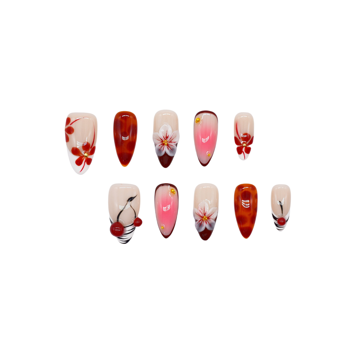 Red and pink ombre press on nails with 3D flowers, gemstone accents, and glossy finish – Heart & Heat Collection.