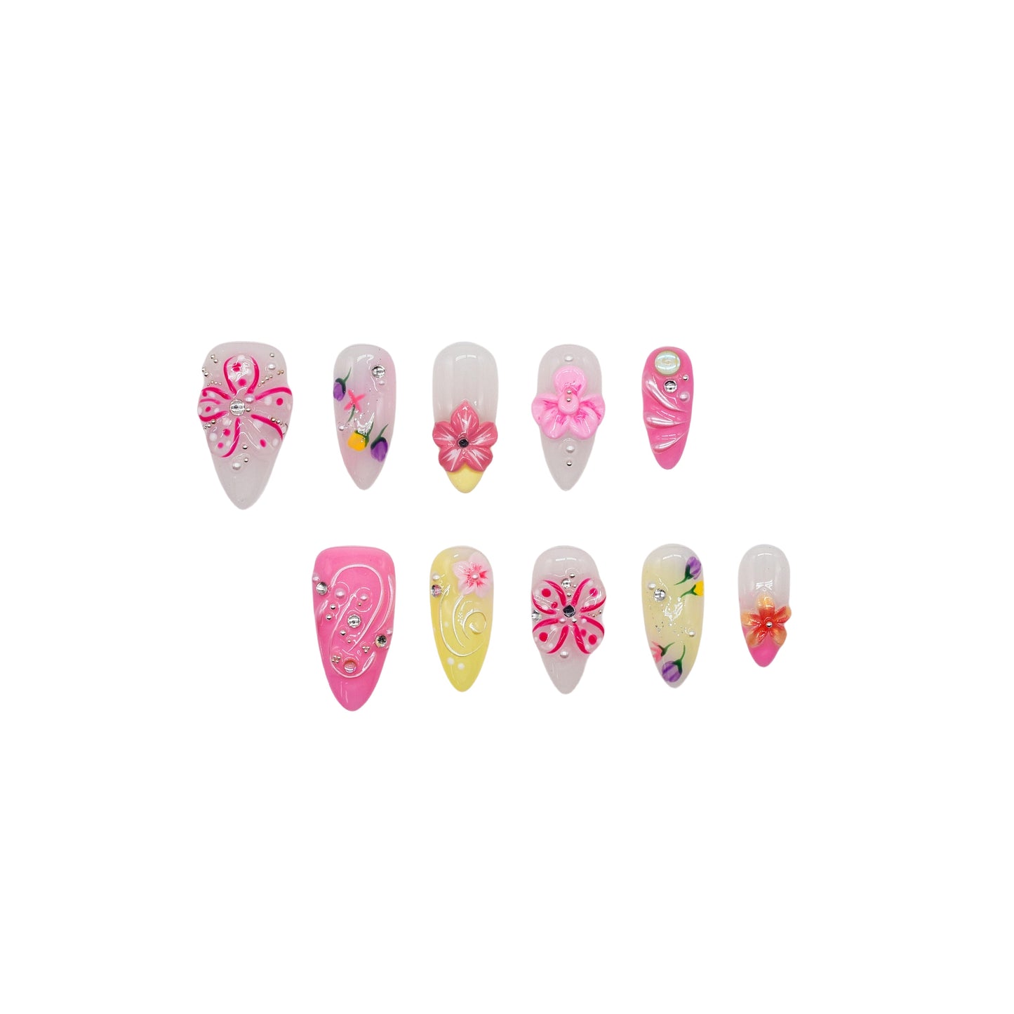 Floral Bliss long coffin press-on nails in pink and yellow gradient with 3D flowers, rhinestones, and floral art – Candy Bloom Collection