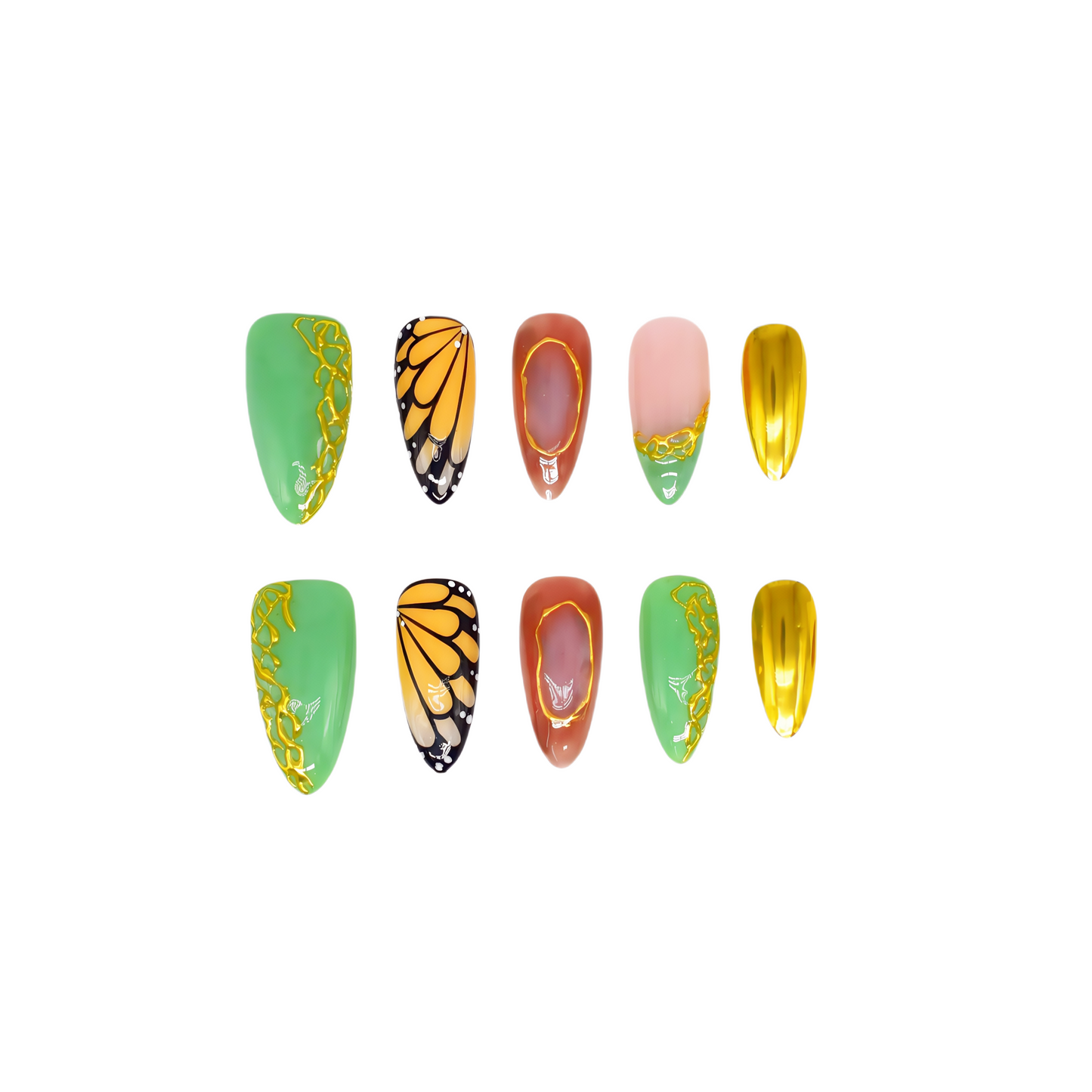 Golden Monarch handmade press-on nails by You Are Angel with butterfly wing designs, green vines, and gold chrome accent nails.