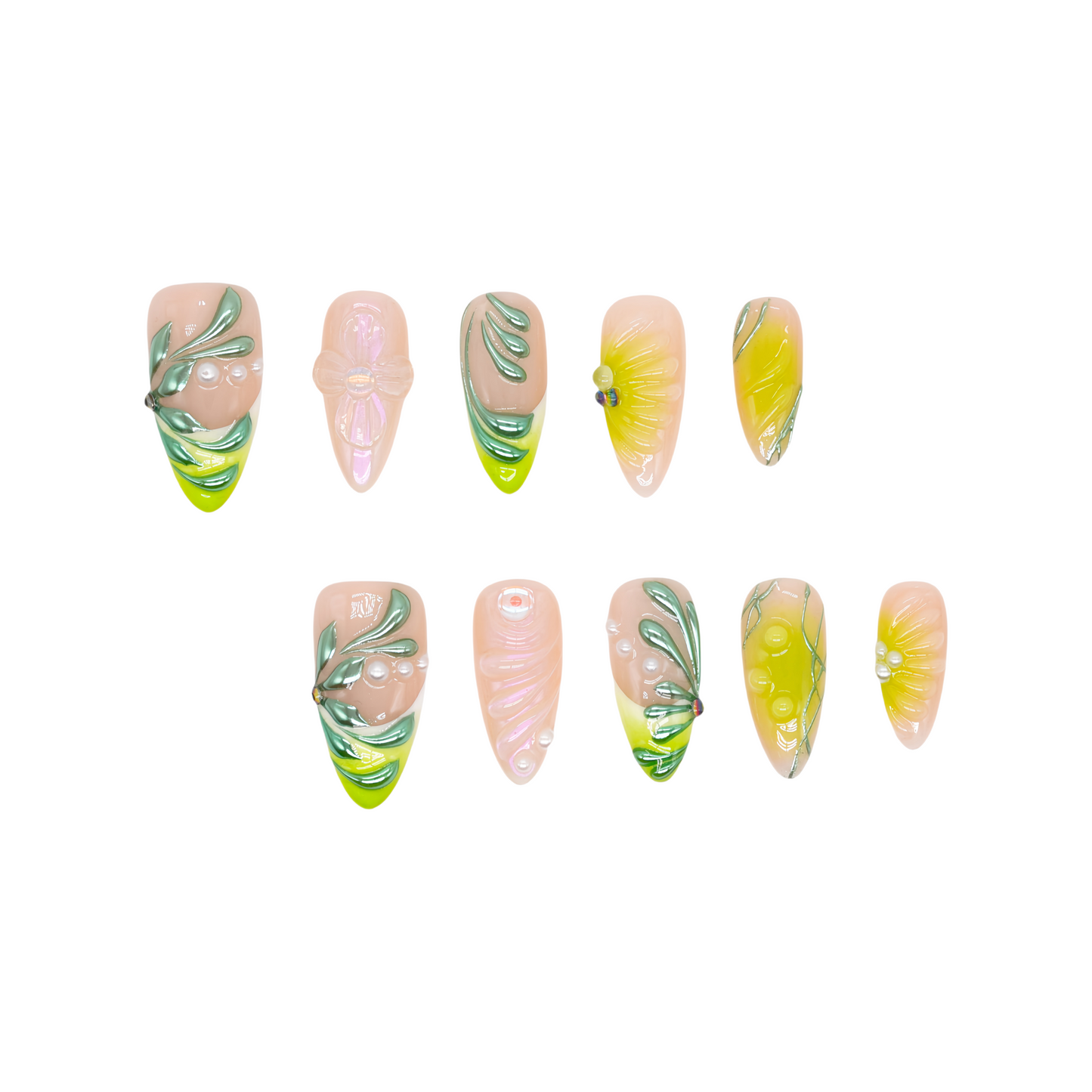 Green Garden Whispers handmade press-on nails with floral and green leaf designs