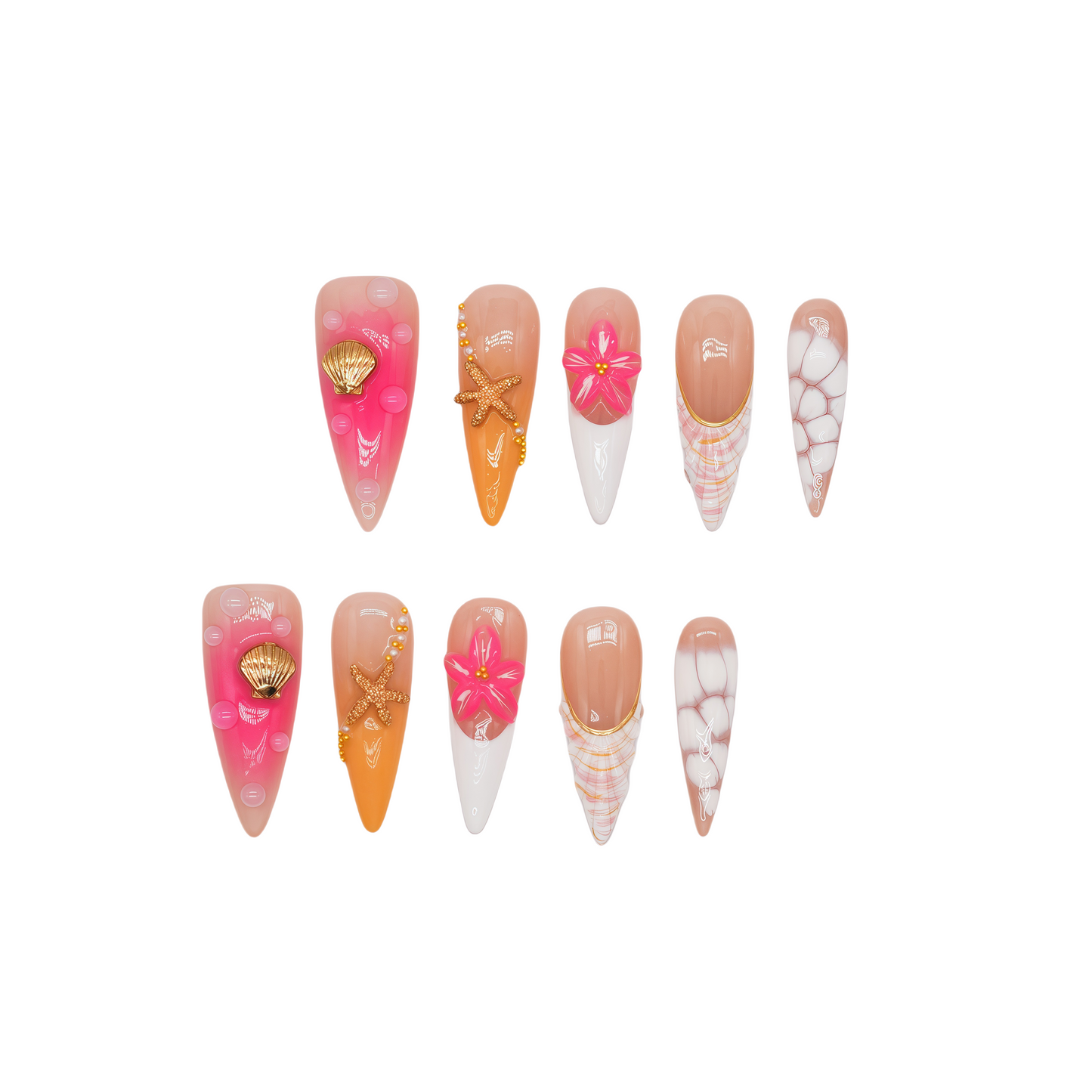 Long stiletto tropical press-on nails featuring vibrant pink and orange gradients, 3D starfish and gold seashell accents – Island Glow nail set.