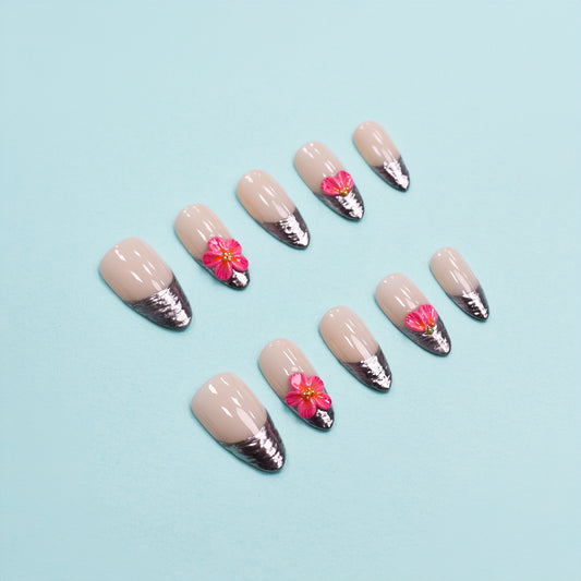 Silver chrome French tip press-on nails with 3D pink flowers – luxury handmade nail set.