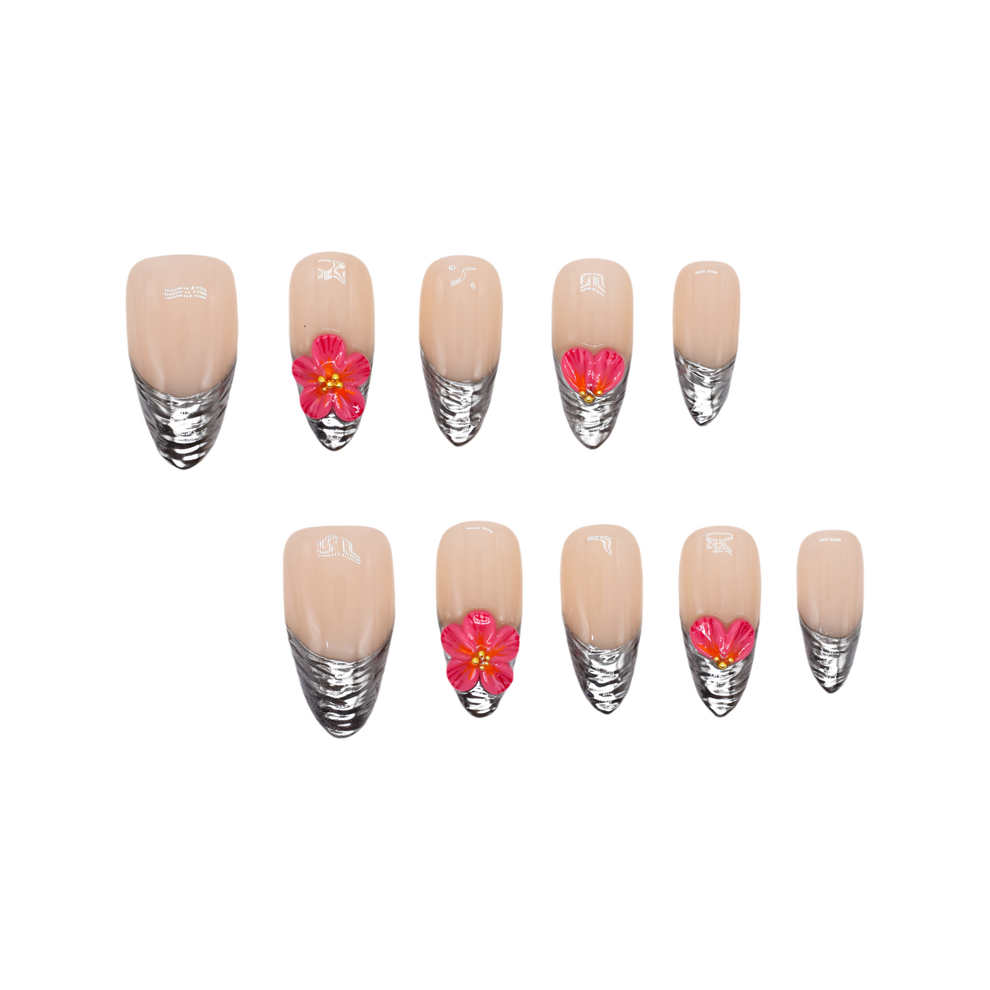 Silver chrome French tip press-on nails with 3D pink flowers – luxury handmade nail set.