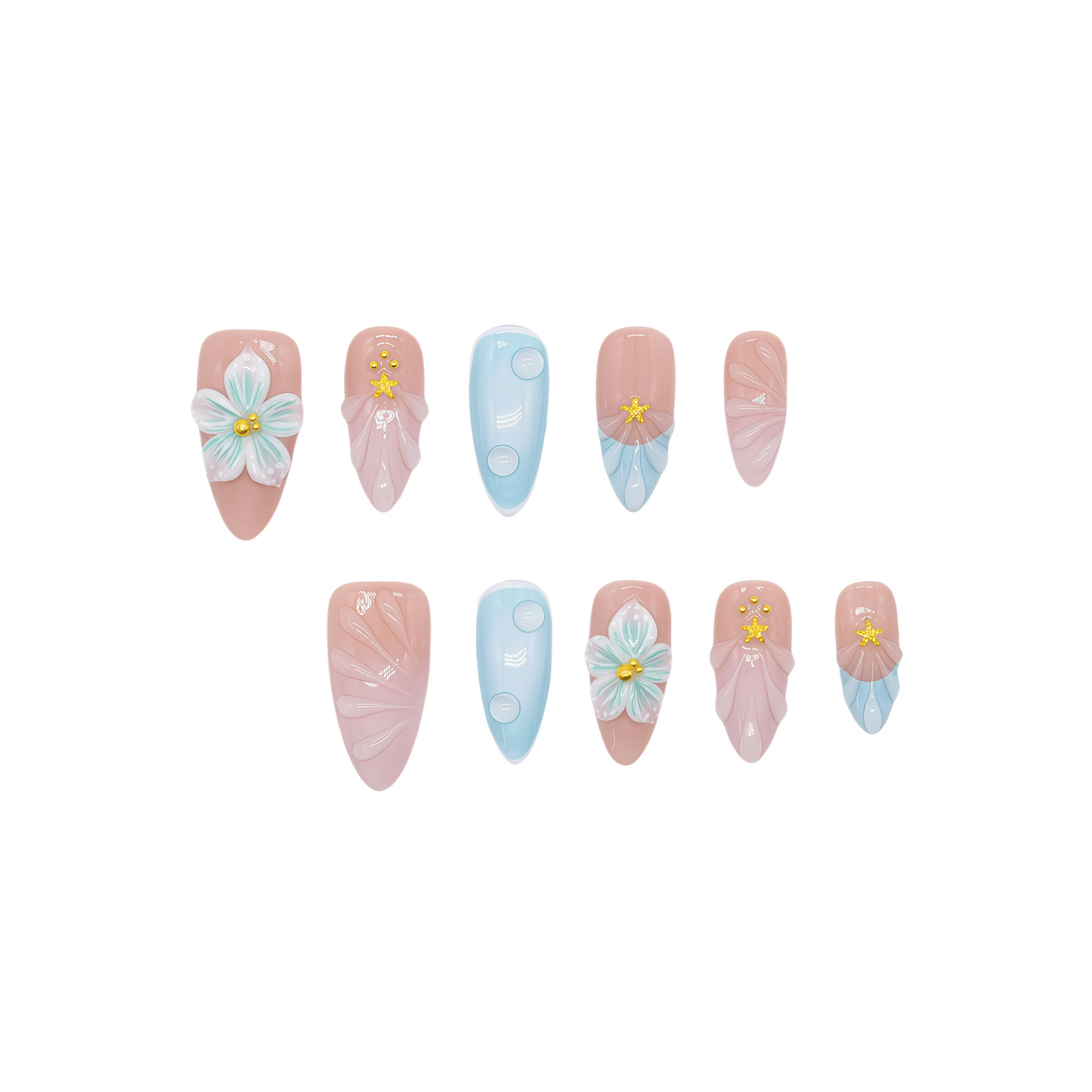 Pastel blue and pink press on nails with 3D floral accents, gold beads, and almond shape – Tropical Bloom Collection.