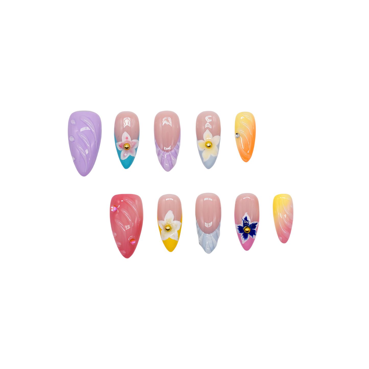 Paradise Petals handmade press-on nails with tropical gradient colors and 3D floral designs, medium almond shape.