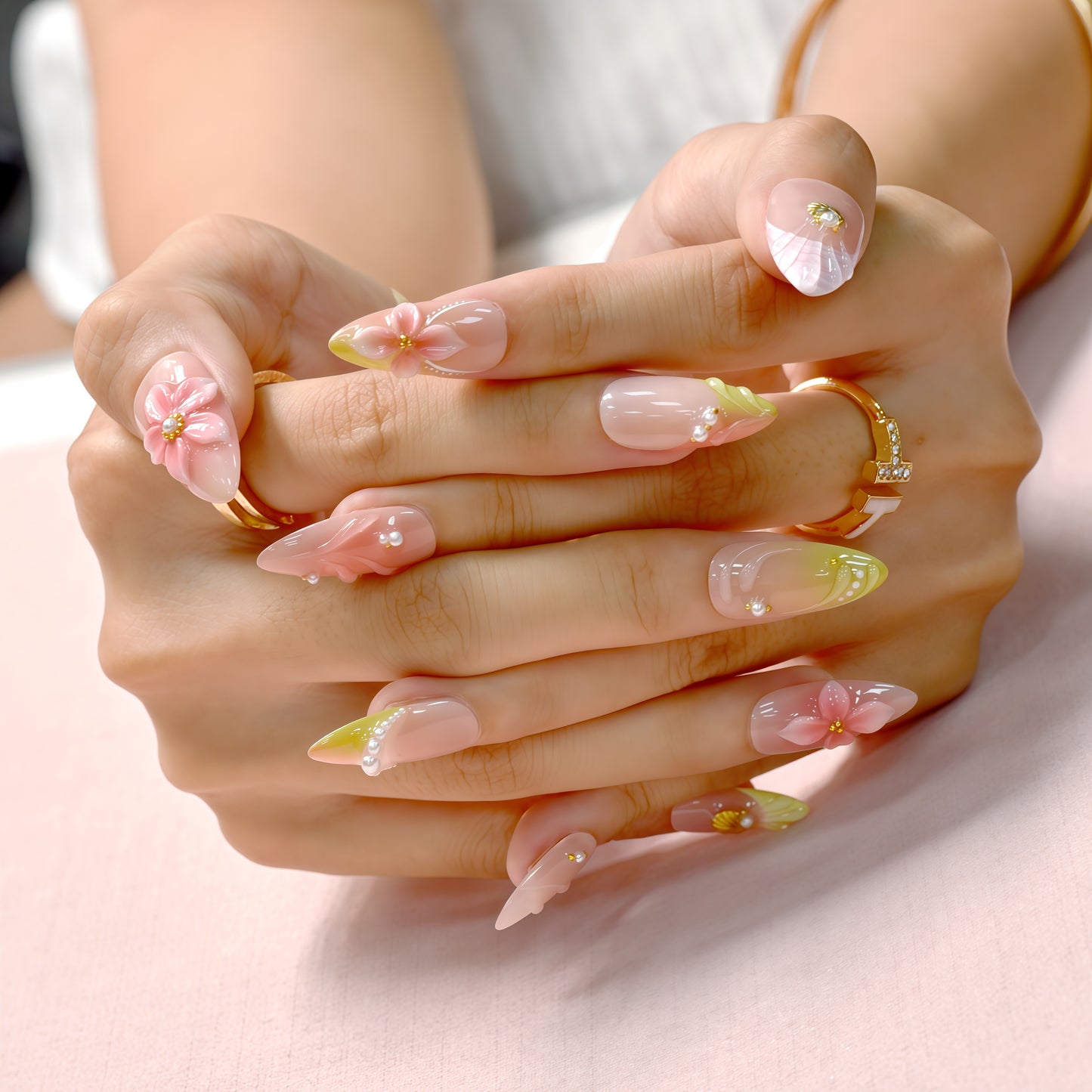 Peach Blossom Whispers press-on nails with soft gradient pink tones, 3D blossoms, pearl accents, and handmade floral designs.