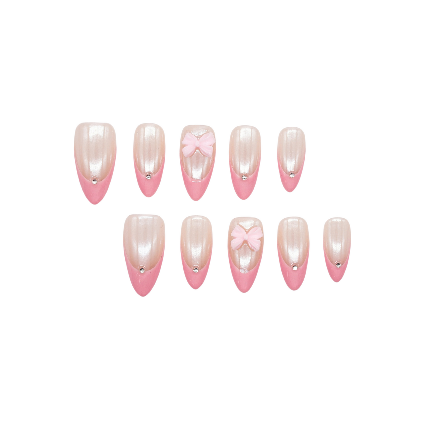 Soft pearl pink French press on nails with glossy finish, 3D bow charms, and rhinestone accents – Blushing Bows Collection.
