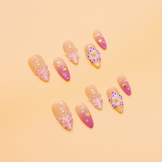 Pink Plaid Butterfly Dreams press-on nails with pink ombré, plaid accents, pearls, and 3D butterfly designs in medium almond shape