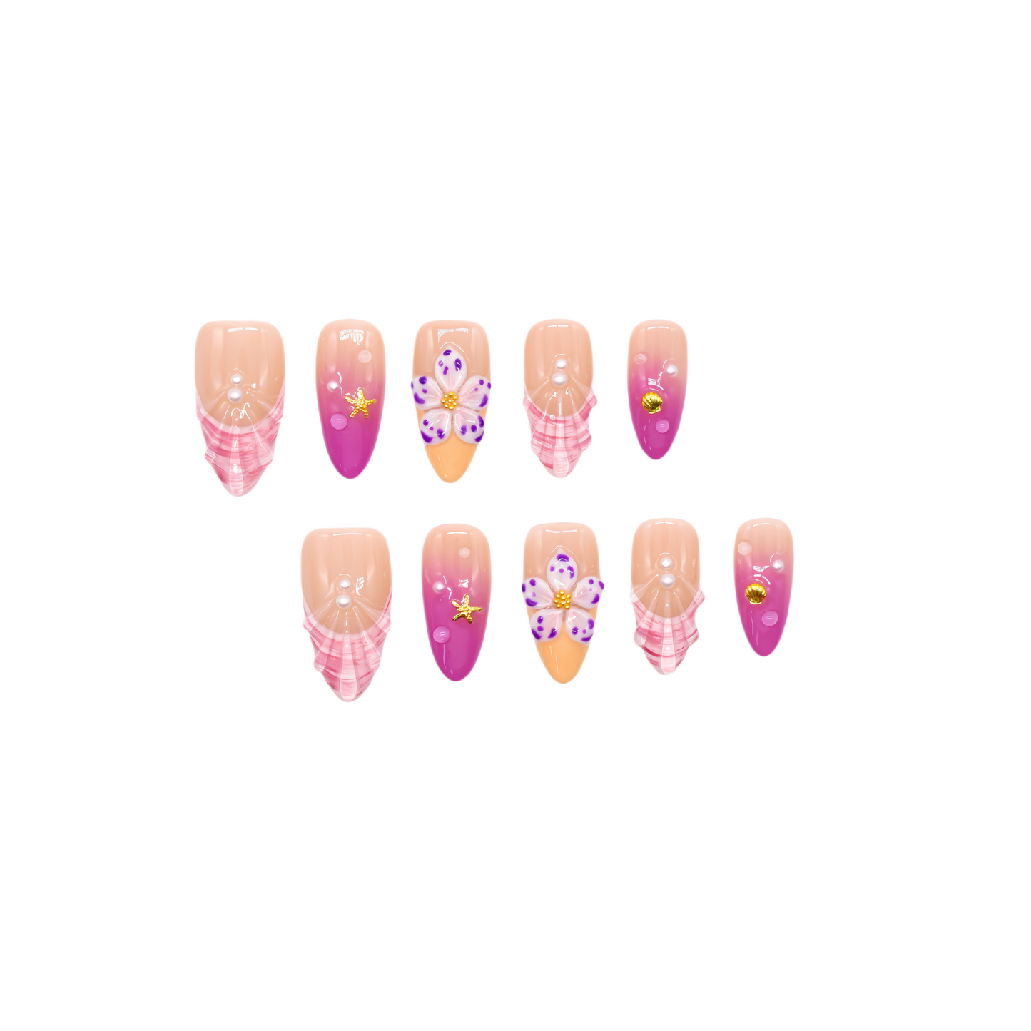 Pink Plaid Butterfly Dreams press-on nails with pink ombré, plaid accents, pearls, and 3D butterfly designs in medium almond shape