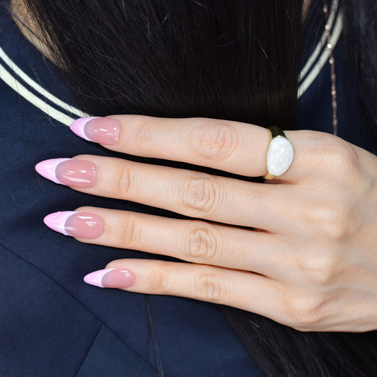 Pink Whisper press-on nails with nude base and pink V-shaped French tips in a glossy soft square finish – handmade by You Are Angel.