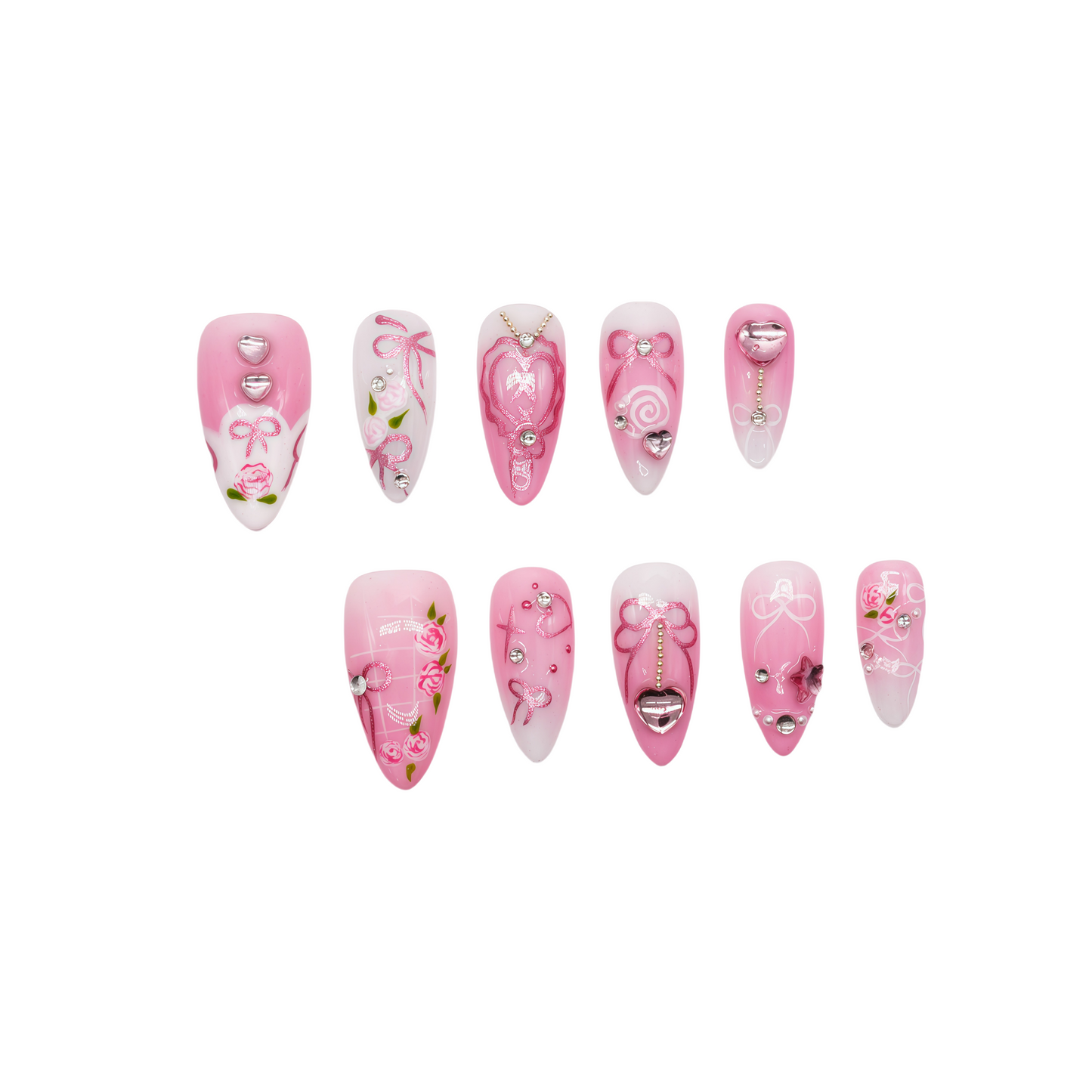 Pink press-on nails with rose art, silver heart charms, and ribbon detailing – Rosy Promise by You Are Angel.