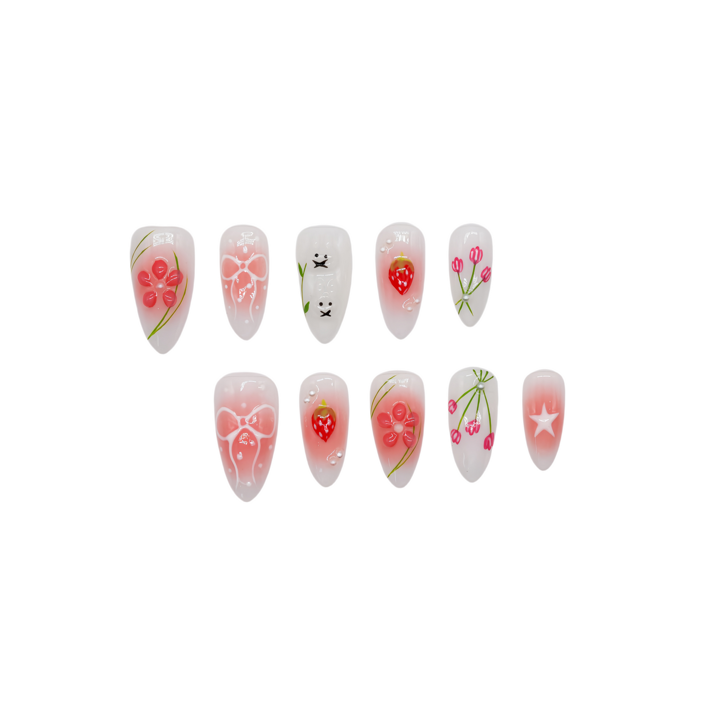 Handmade pink and white press-on nails with 3D bows, strawberry art, bunny design, and floral accents – Candy Bloom Collection