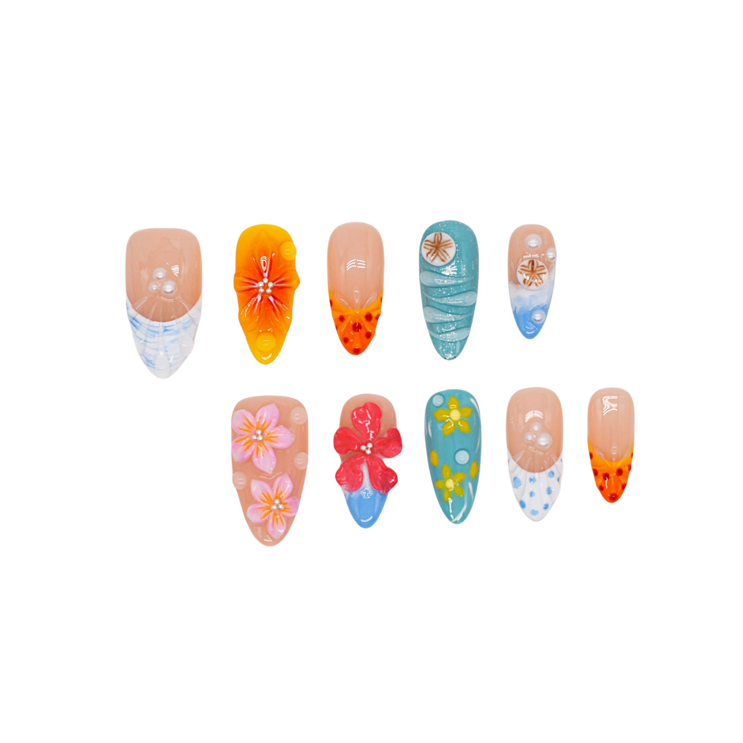 Tropical Bloom & Beach Vibes press-on nails with 3D floral and seashell accents, beach ombré colors in almond shape.