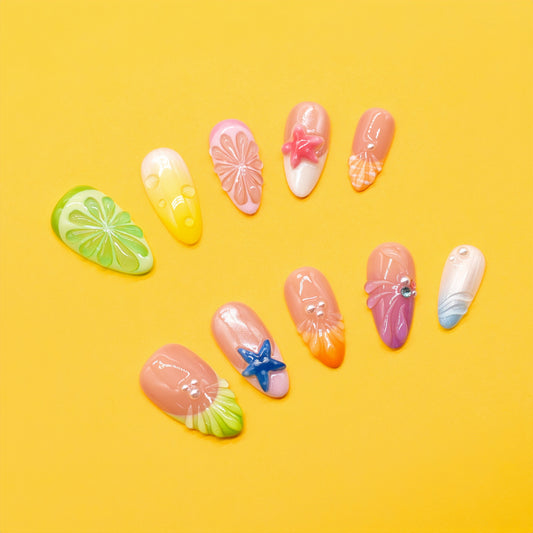 Tropical Splash press-on nails by You Are Angel with summer ombré colors, 3D starfish, flowers, and glossy beach-inspired finish.