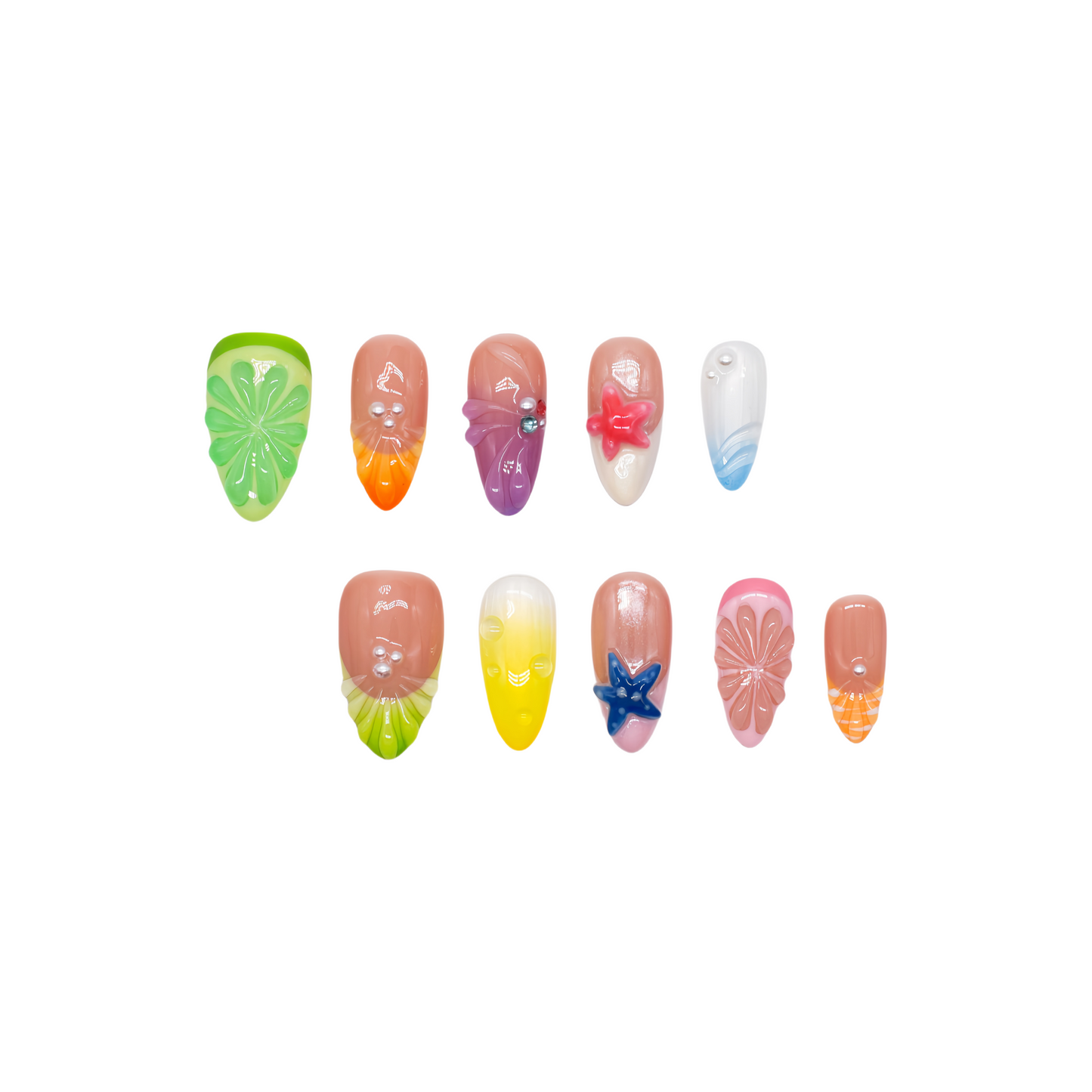 Tropical Splash press-on nails by You Are Angel with summer ombré colors, 3D starfish, flowers, and glossy beach-inspired finish.