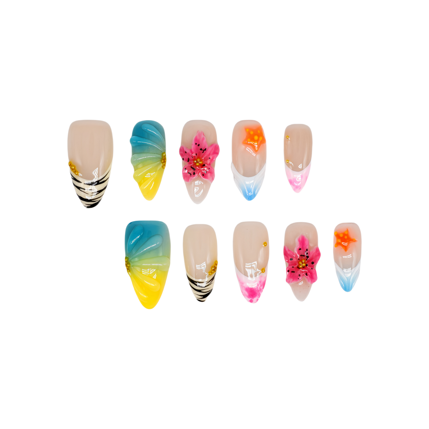 Medium almond tropical-themed press-on nails with zebra stripes, ombre seashell textures, 3D hibiscus flowers, and starfish accents.