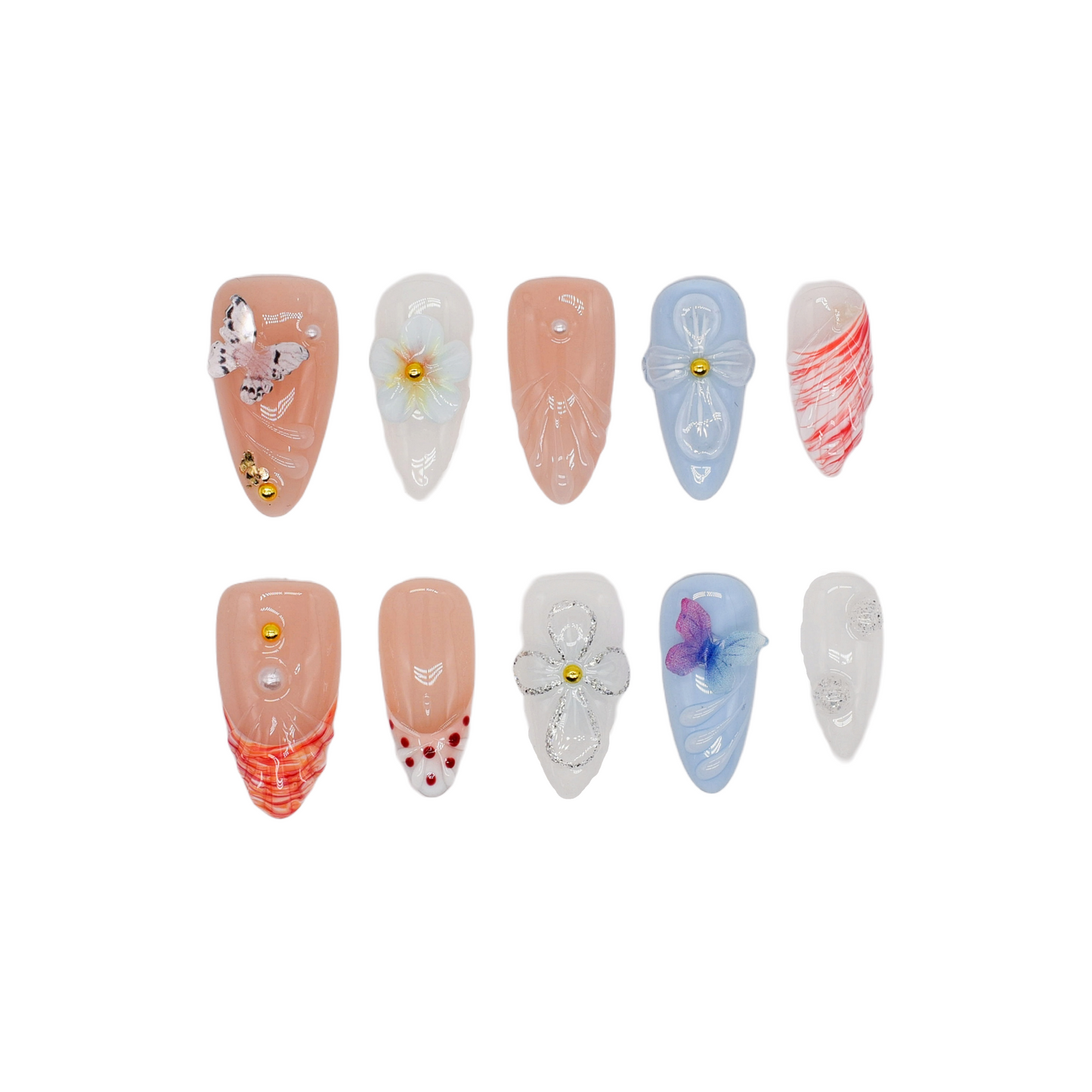 press-on nails in pastel blue, coral, nude, and white with 3D flowers, butterflies, bows, and glitter accents.