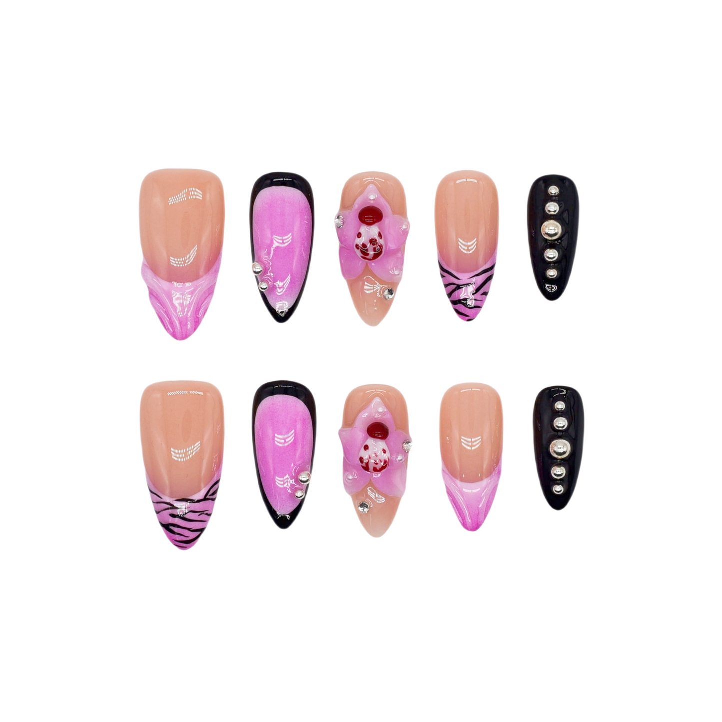 Medium Almond press-on nails in pink ombré with black zebra print, 3D orchid flowers, and rhinestone-studded accents.