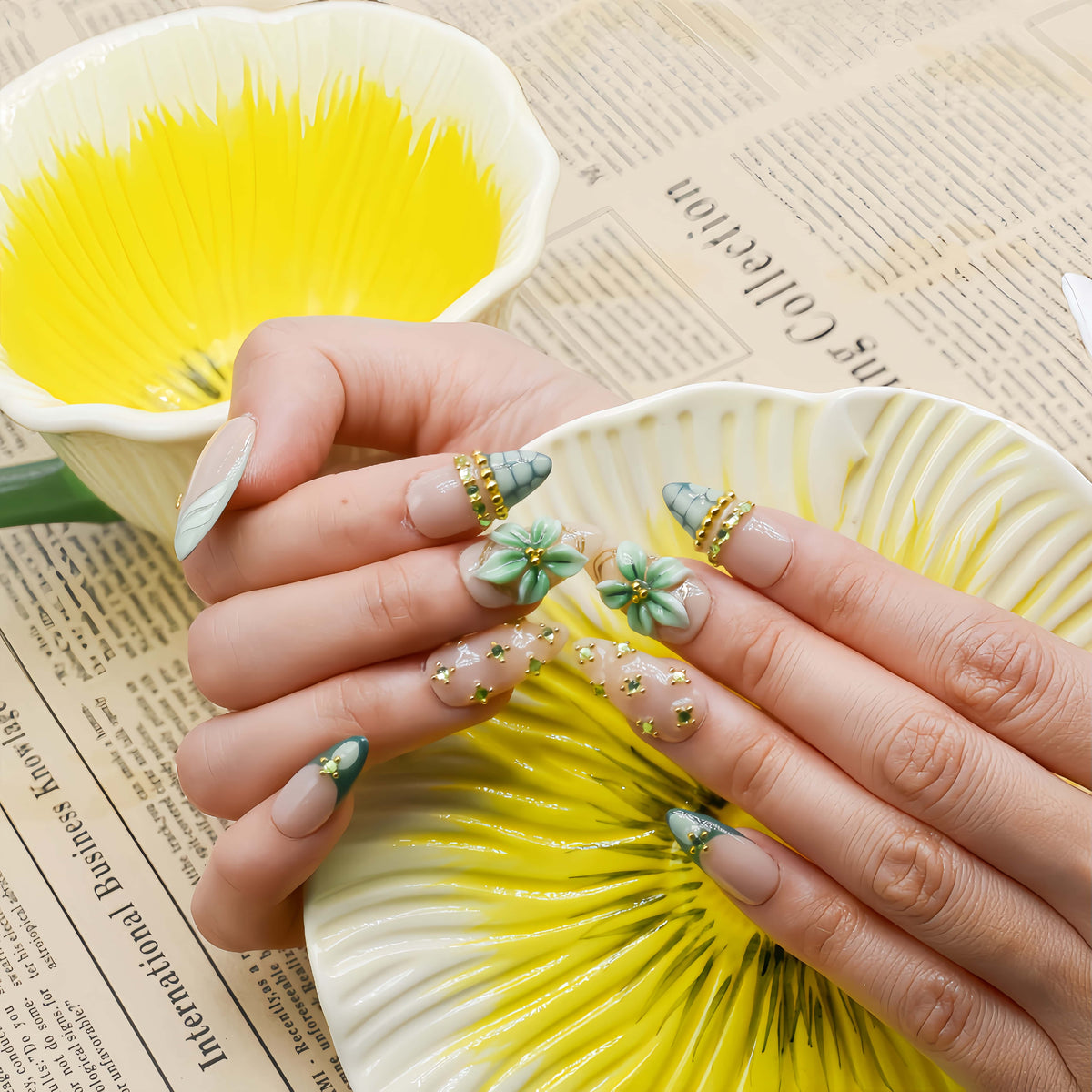 Summer fruit themed press on nails featuring lemons, blueberries and gingham nail art.