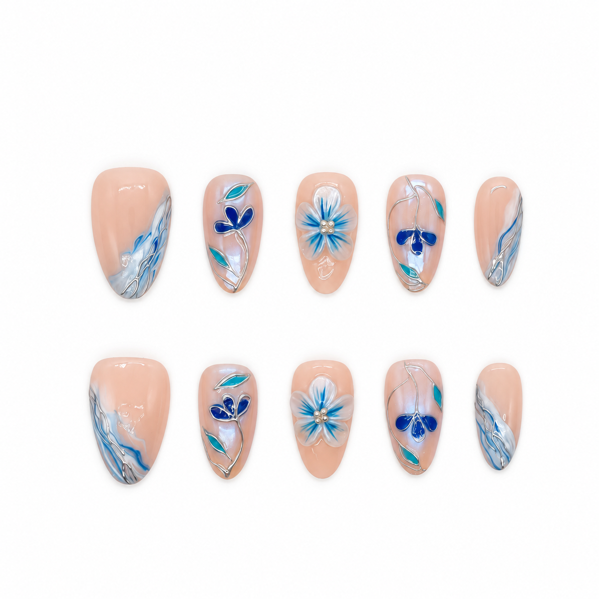 Blue Porcelain Bloom nude press-on nails with cobalt flowers, turquoise leaves and silver linework — product set on a snow-white background.