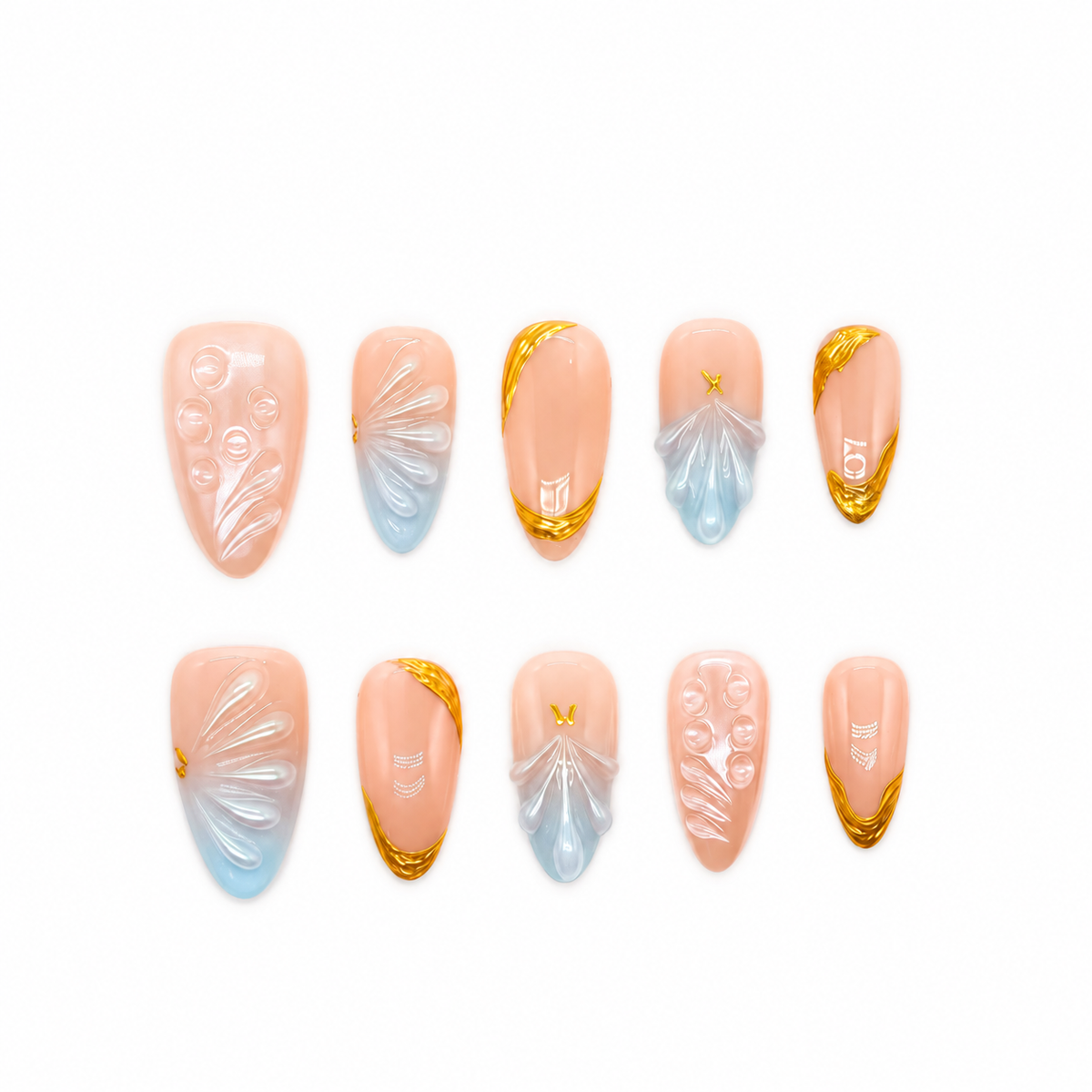 Gilded Azure Fan peach and blue press-on nails with sculpted pearl textures and gold accents — product set on a snow-white background.