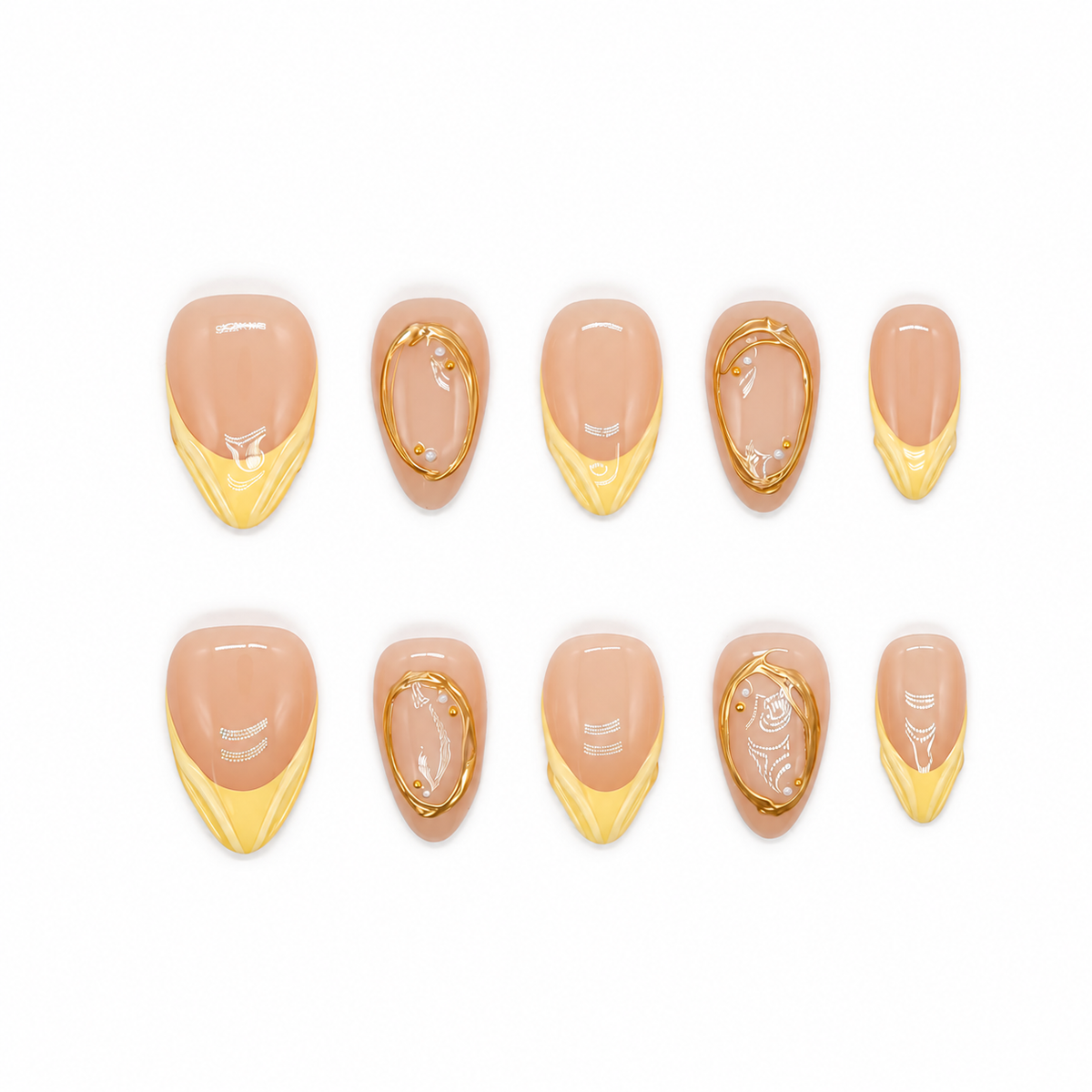 Citrine Silk Veil nude press-on nails with pale yellow French tips and sculpted gold frames — product set on a snow-white background.