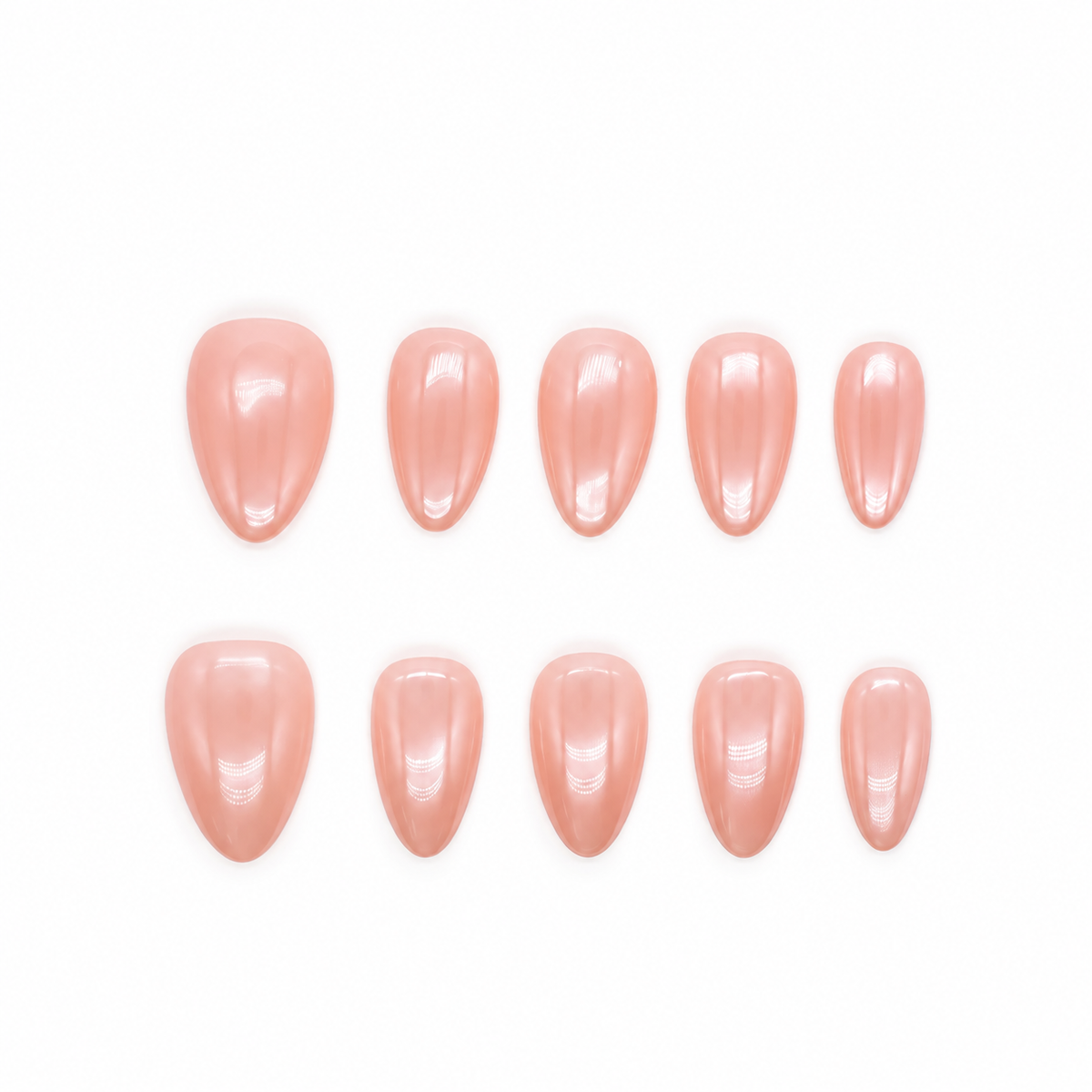 Bare Blush Veil reusable press-on nails in a sheer peach-pink nude with a glossy finish — product set on a snow-white background.