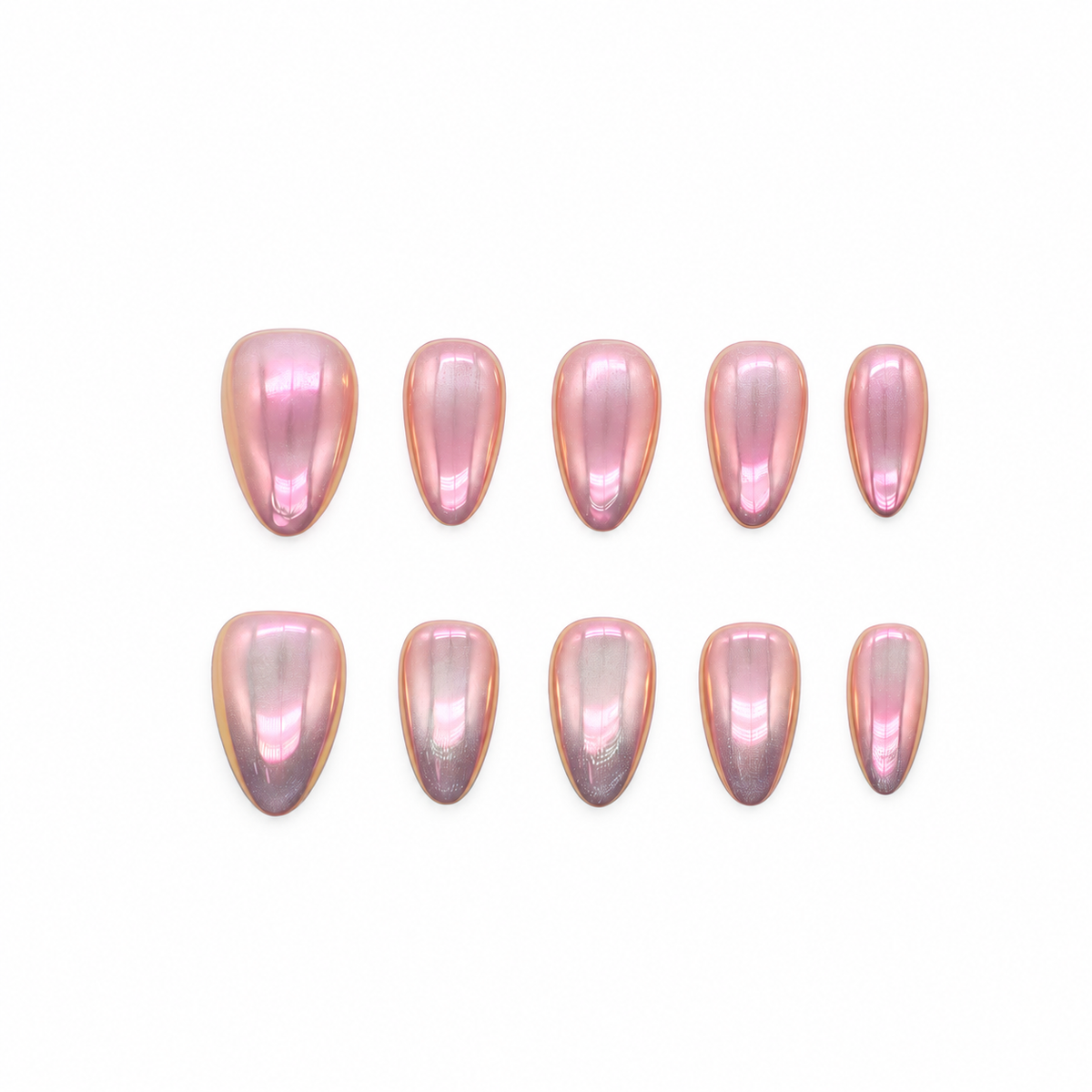 Pink Moon Chrome reusable press-on nails with a luminous blush-pink mirror finish — product set on a snow-white background.