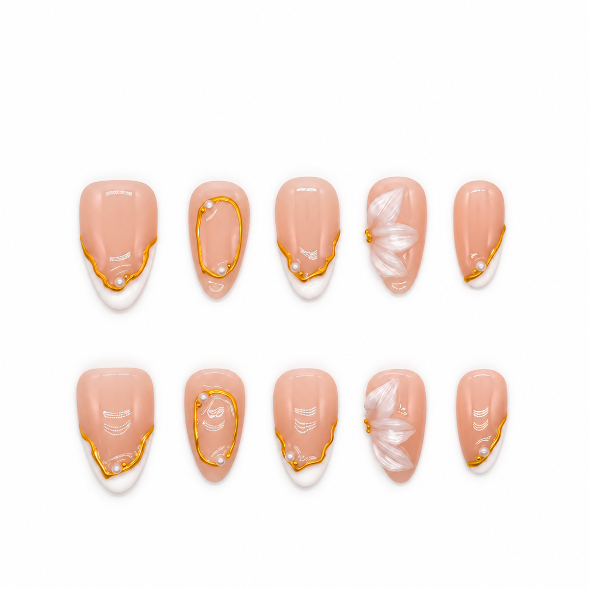 Porcelain Petal Frame blush press-on nails with milky sculpted petals, pearls and gold borders — product set on a snow-white background.