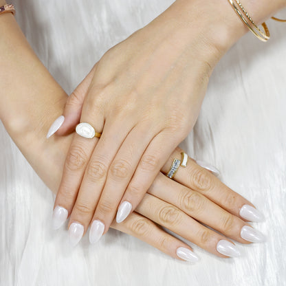 Angel Pearl glossy white press-on nails by You Are Angel in almond shape with pearl shimmer and minimalist finish.
