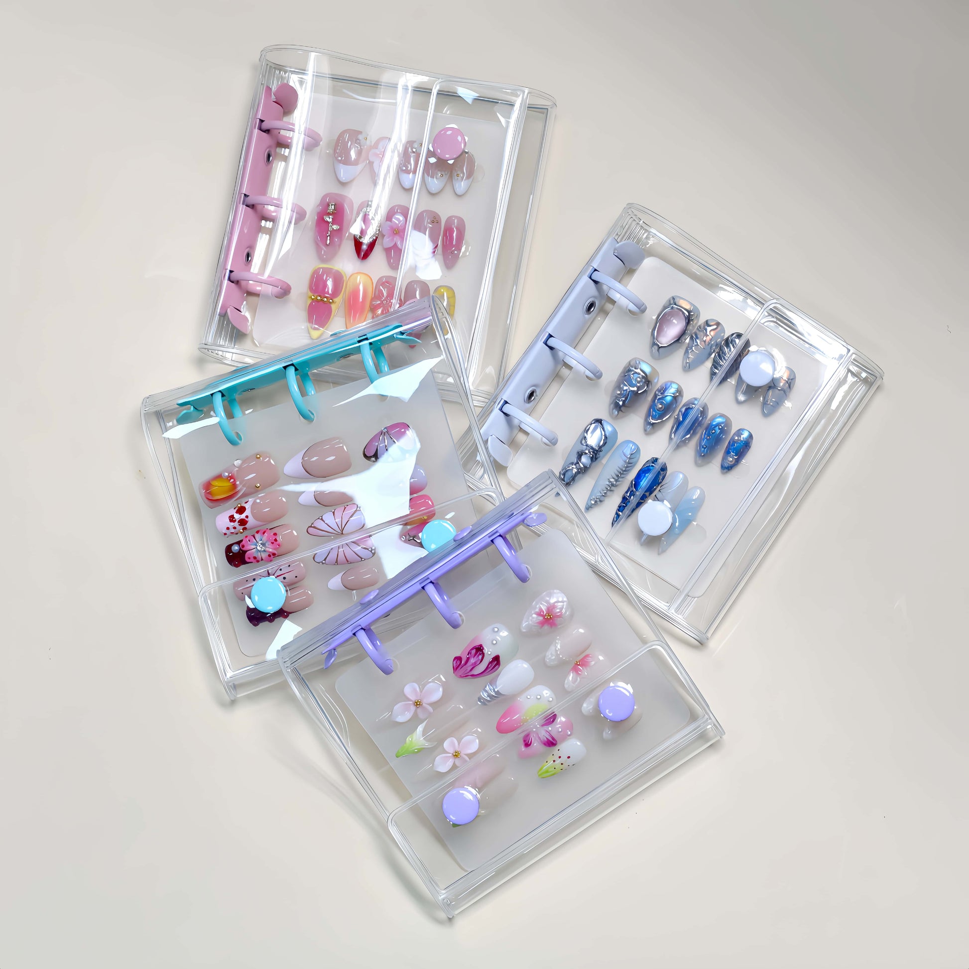 Angel’s Nail Storage Brochure — transparent 4-page organizer case for storing and displaying press-on nail sets.