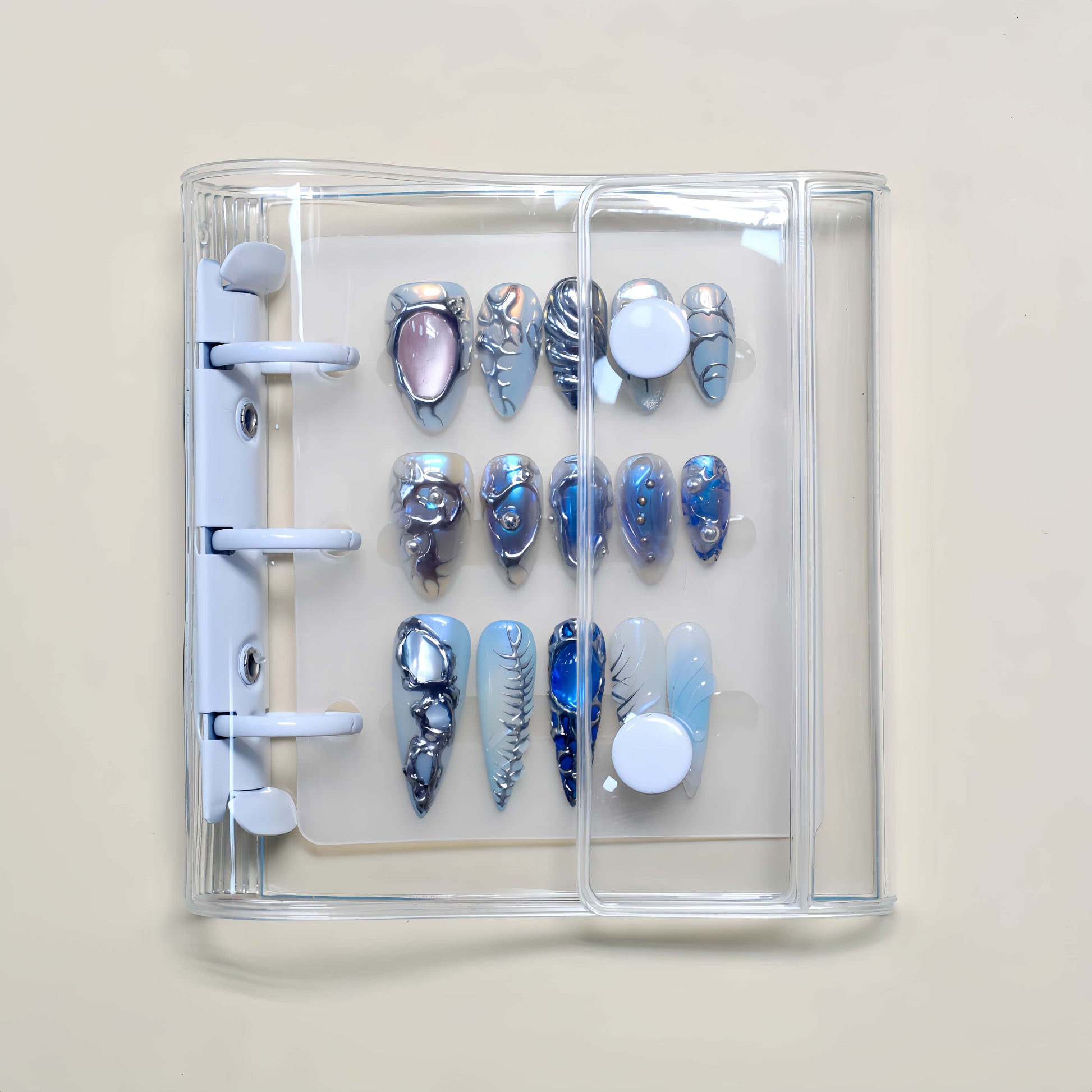 Angel’s Nail Storage Brochure — transparent 4-page organizer case for storing and displaying press-on nail sets.