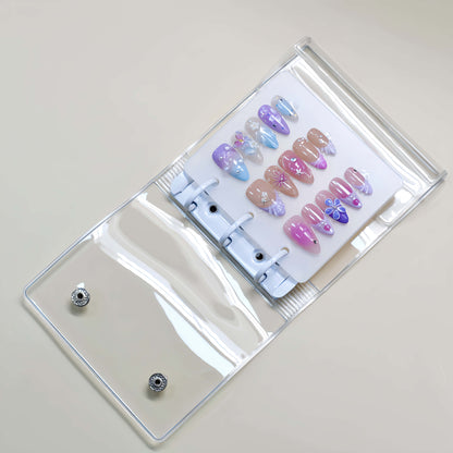Angel’s Nail Storage Brochure — transparent 4-page organizer case for storing and displaying press-on nail sets.