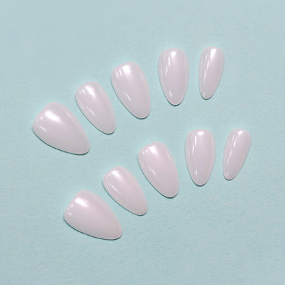 Angel Pearl glossy white press-on nails by You Are Angel in almond shape with pearl shimmer and minimalist finish.