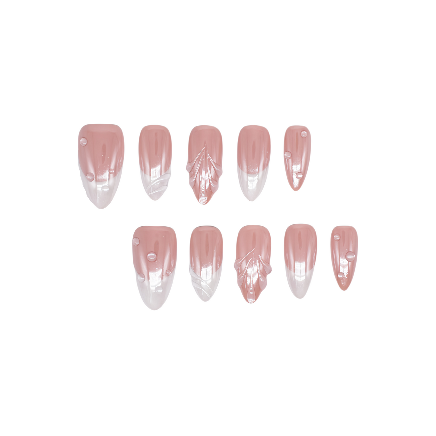 Bare Glow handmade press-on nails by You Are Angel featuring nude peach base, clear diagonal tips, and subtle gem accents in almond shape.