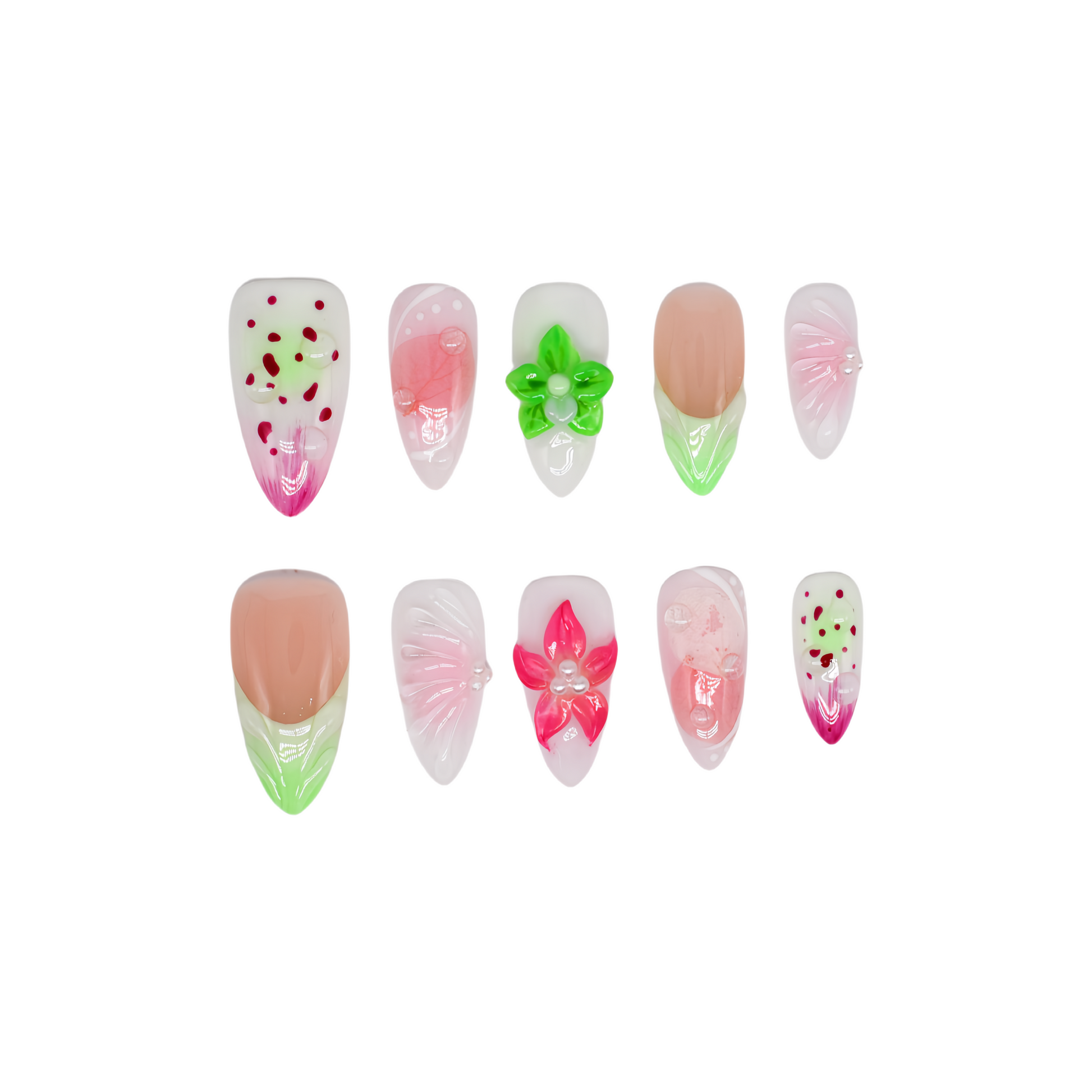 Medium Almond press-on nails with strawberry-seed patterns, green and pink ombré tips, and 3D floral accents in bright green and pink.