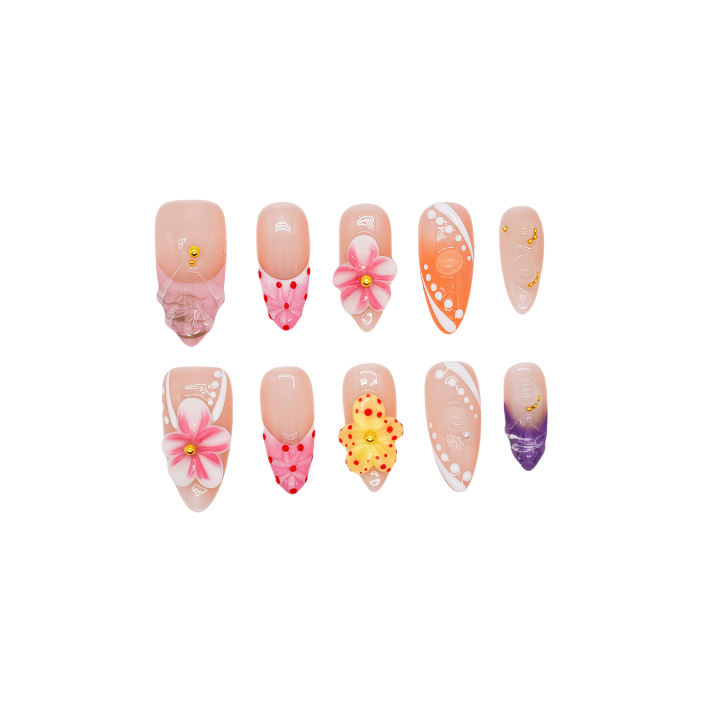 Blossom Muse handmade press-on nails by You Are Angel featuring 3D floral designs, glossy finish, and vibrant colors.