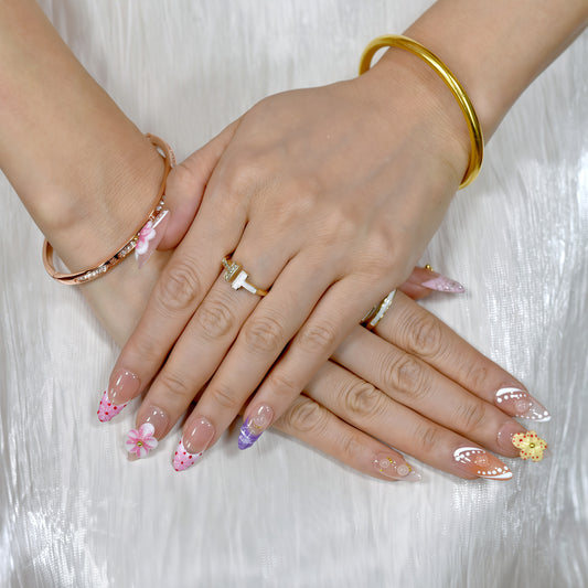 Blossom Muse handmade press-on nails by You Are Angel featuring 3D floral designs, glossy finish, and vibrant colors.