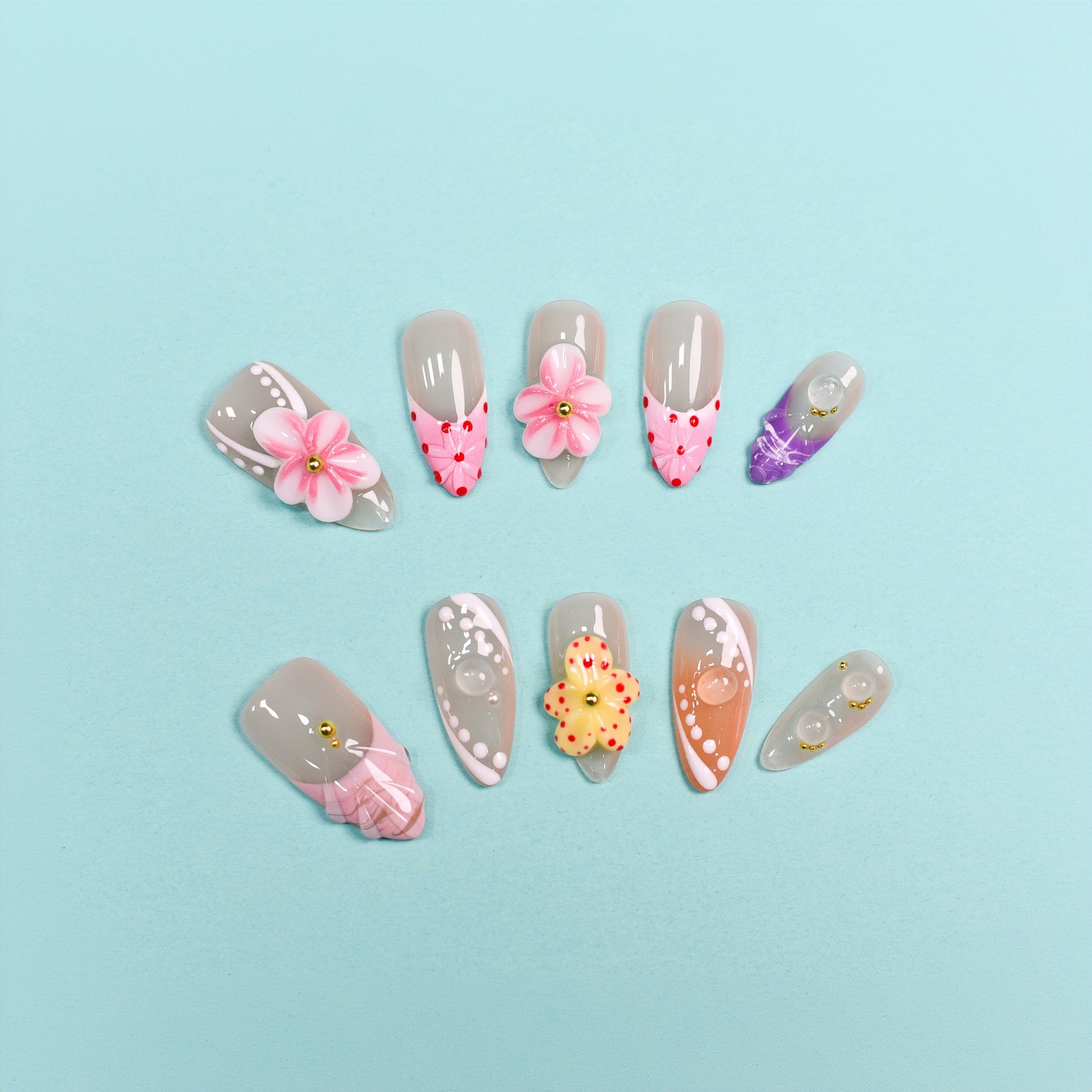 Blossom Muse handmade press-on nails by You Are Angel featuring 3D floral designs, glossy finish, and vibrant colors.