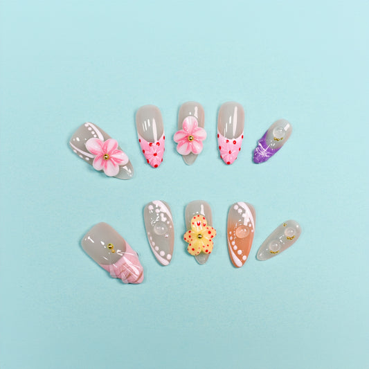 Blossom Muse handmade press-on nails by You Are Angel featuring 3D floral designs, glossy finish, and vibrant colors.