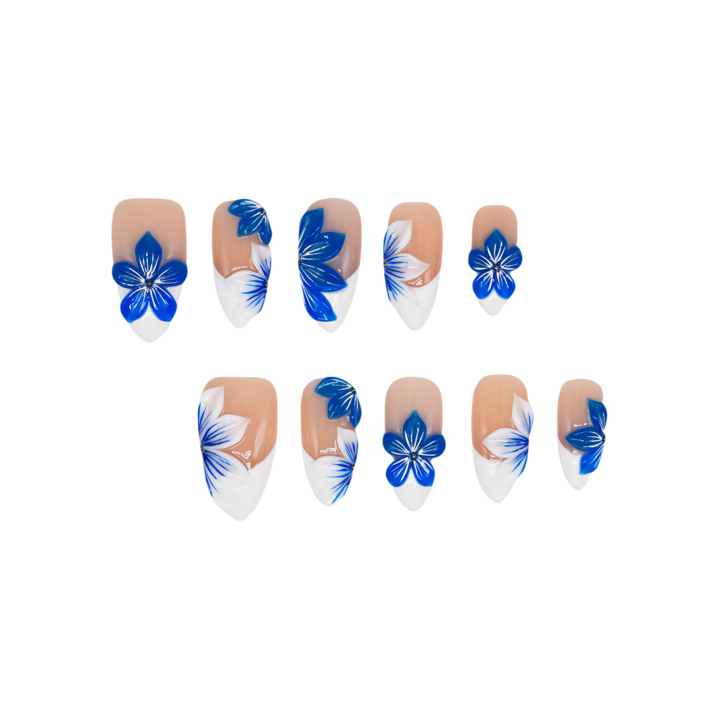 Blue Blossom almond press-on nails with French tips and vivid blue floral accents – Tropical Bloom Collection.