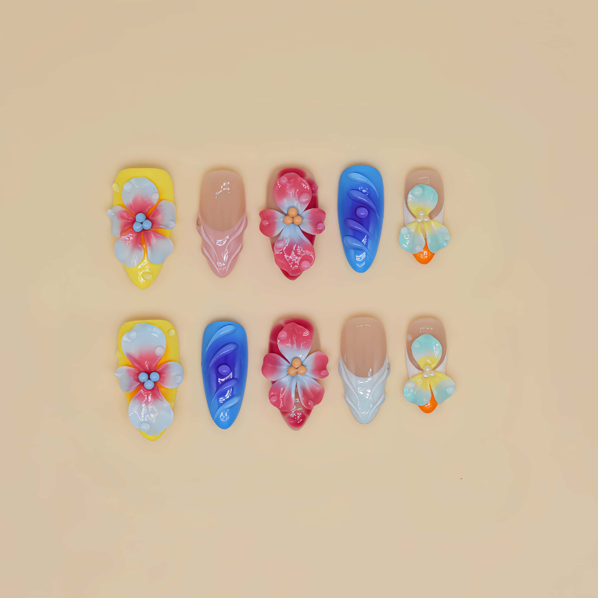 Handmade colorful tropical floral press-on nails with 3D hibiscus flowers, glossy sculpted details, and vibrant summer-inspired design