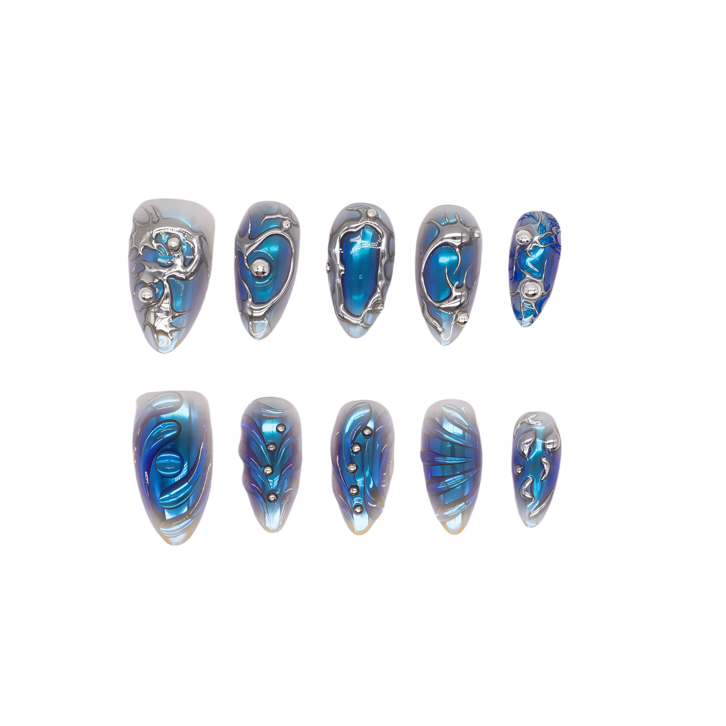Almond-shaped press-on nails in holographic blue with silver chrome lines and 3D metallic accents – Blue Steel Siren set.